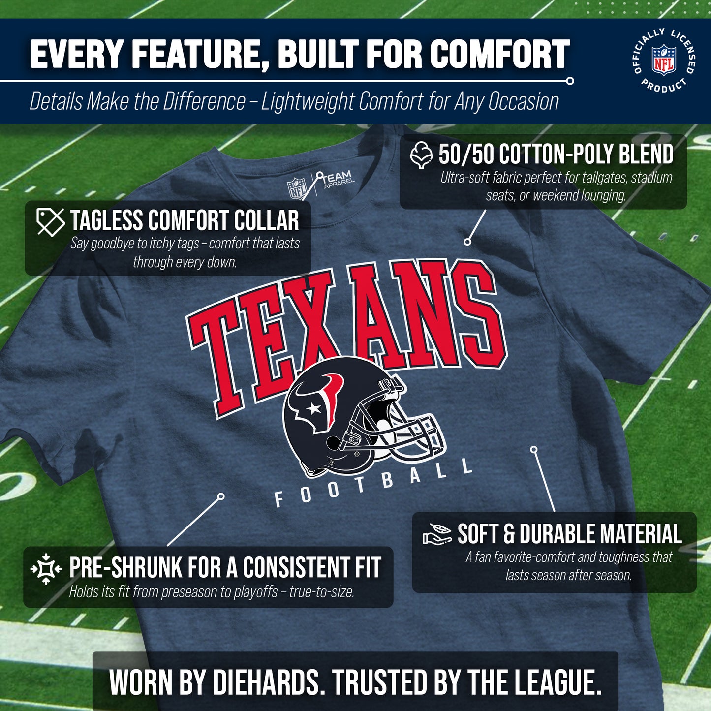Houston Texans NFL Adult All Star Heather Tag-Less T-Shirt - Navy Heather