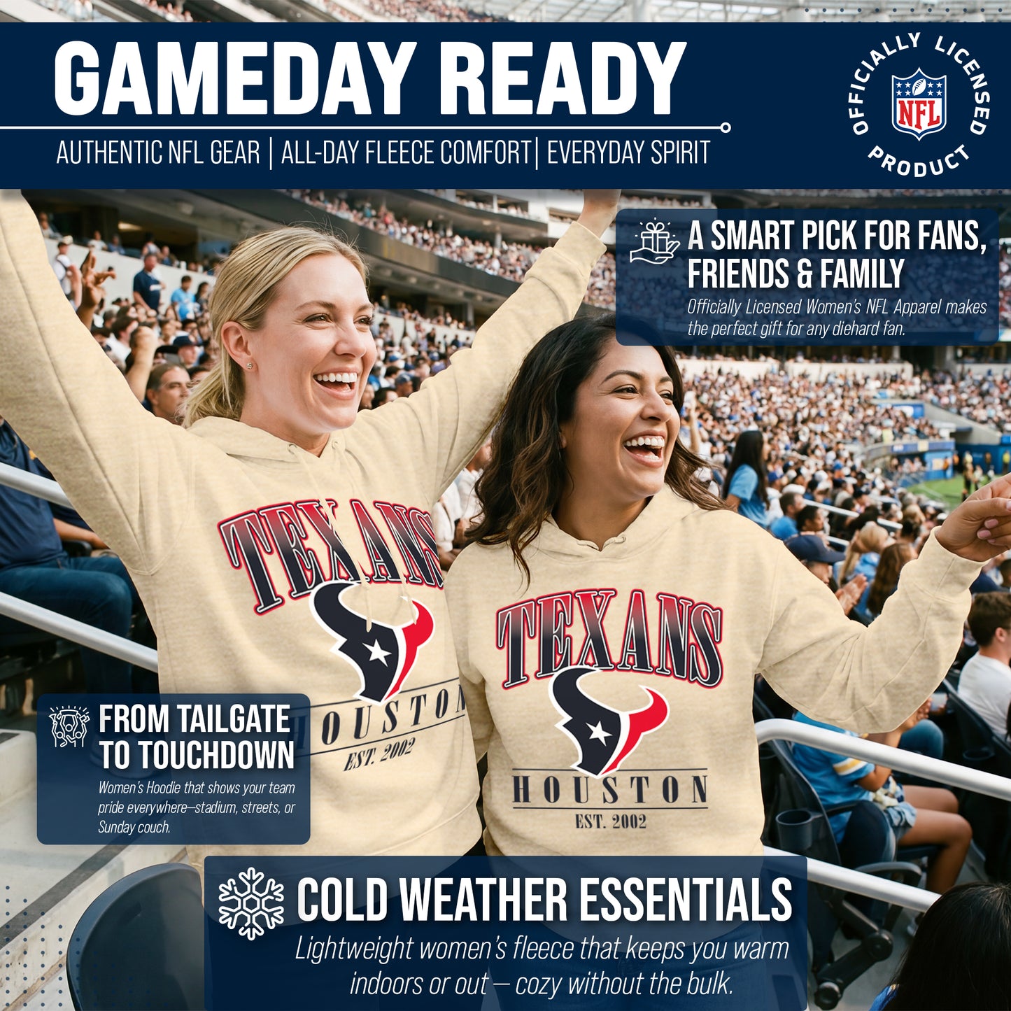 Houston Texans Team Fan Apparel NFL Women's  Starstruck Fleece Pullover Hoodie - Cream