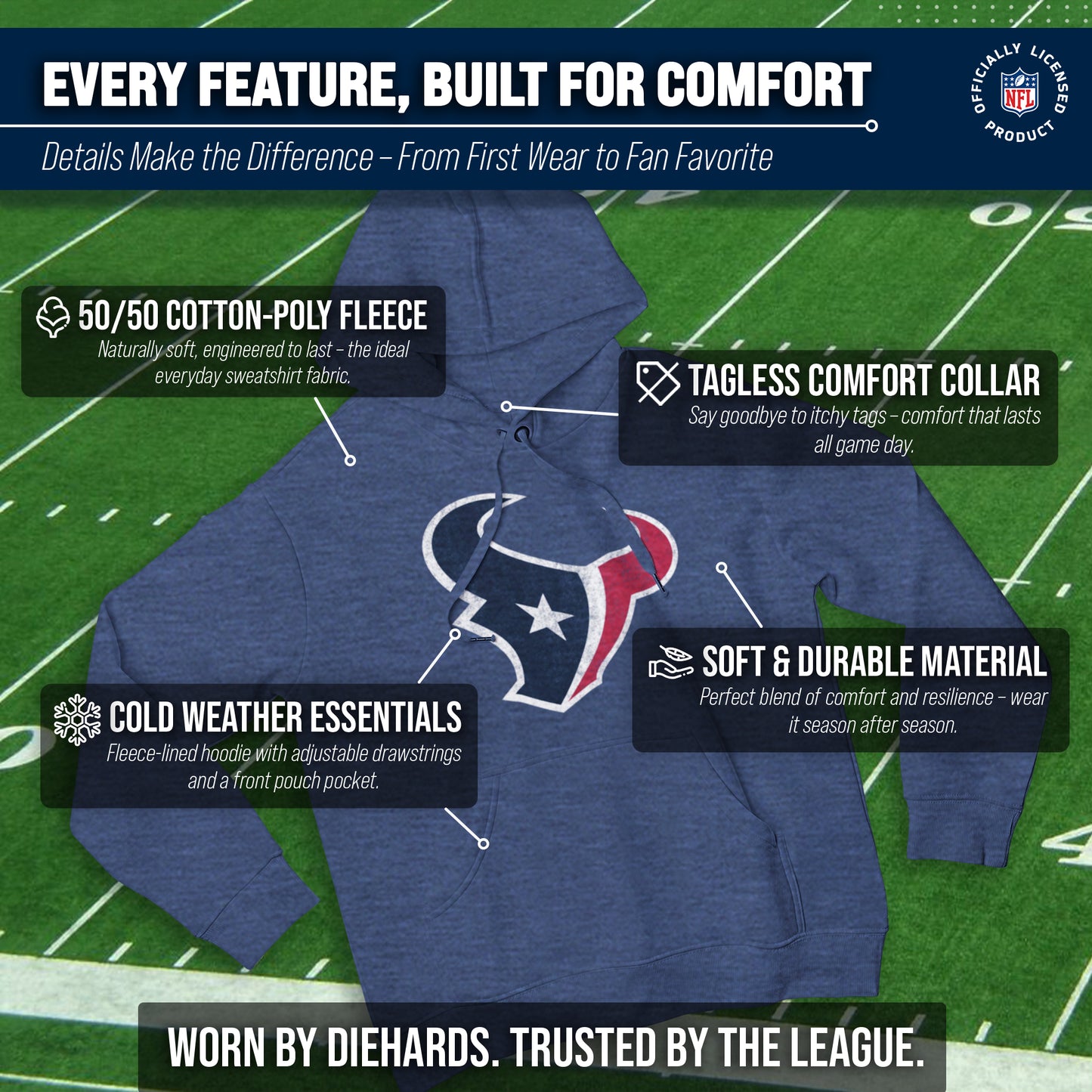 Houston Texans NFL Adult Unisex Modern Throwback Ultra Soft Fleece Hooded Sweatshirt - Navy