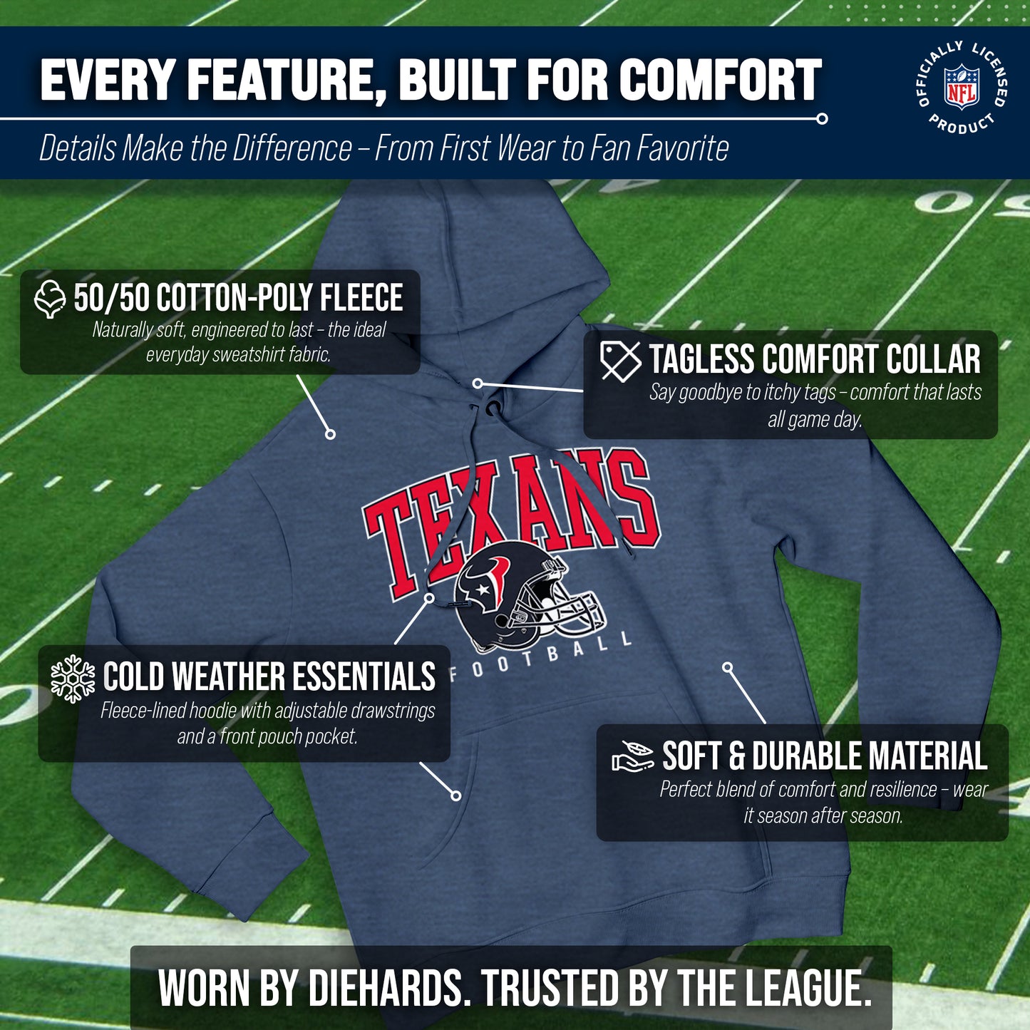 Houston Texans NFL Adult Unisex All Star Soft Fleece Hooded Sweatshirt - Navy Heather