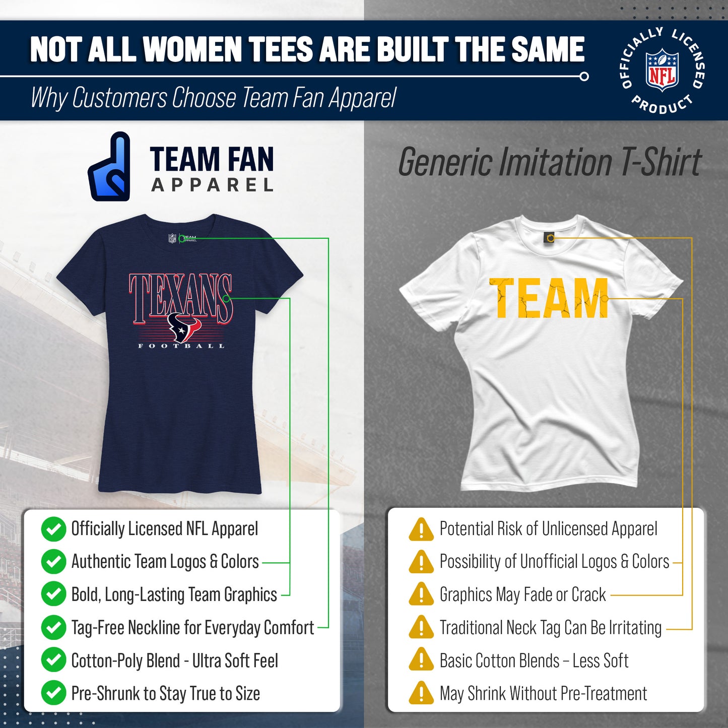 Houston Texans NFL Womens Overtime Blueprint Tag-Less T-Shirt - Navy