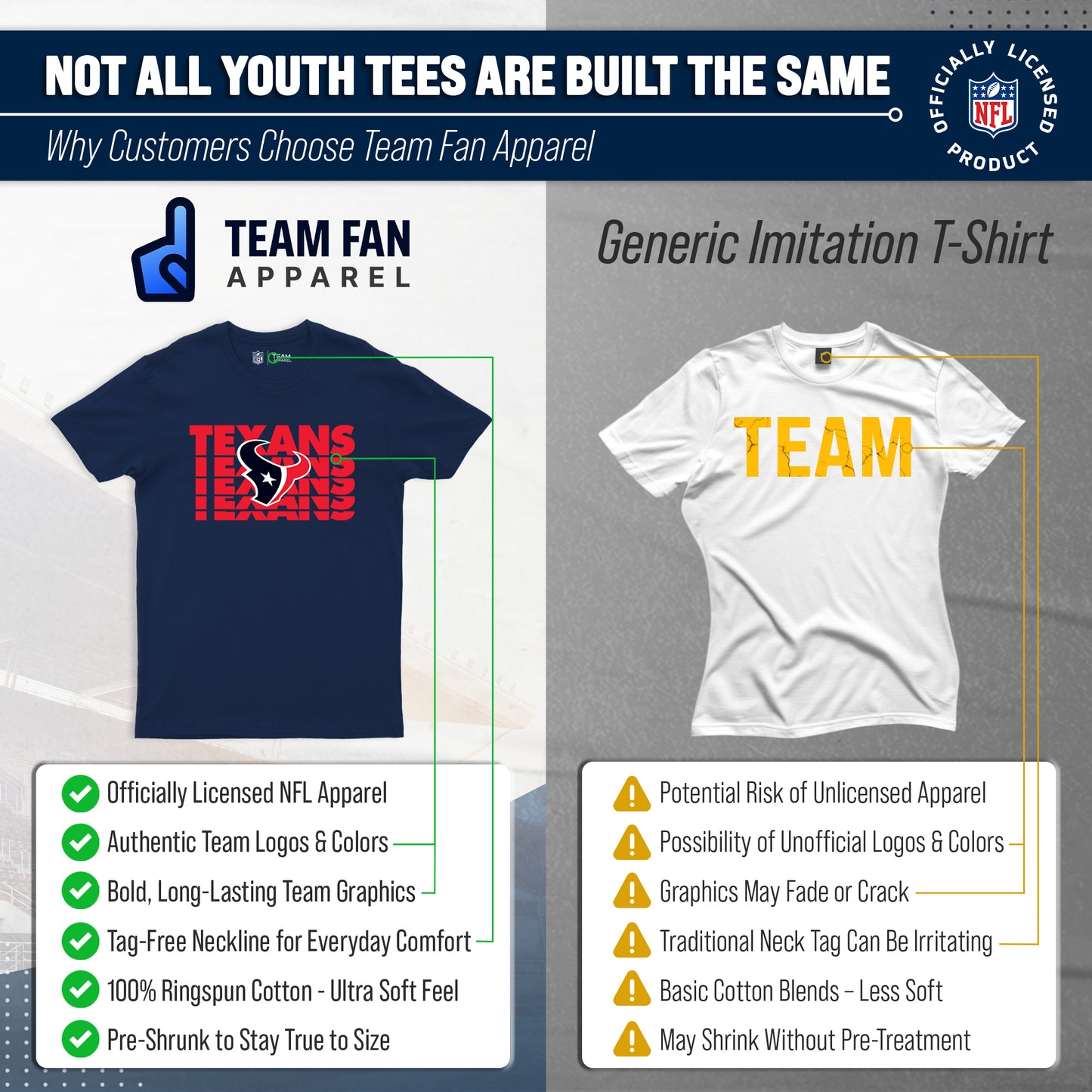 Houston Texans NFL Youth Repeating Logo Football T-Shirt Unisex Tag Free Comfortable - Navy