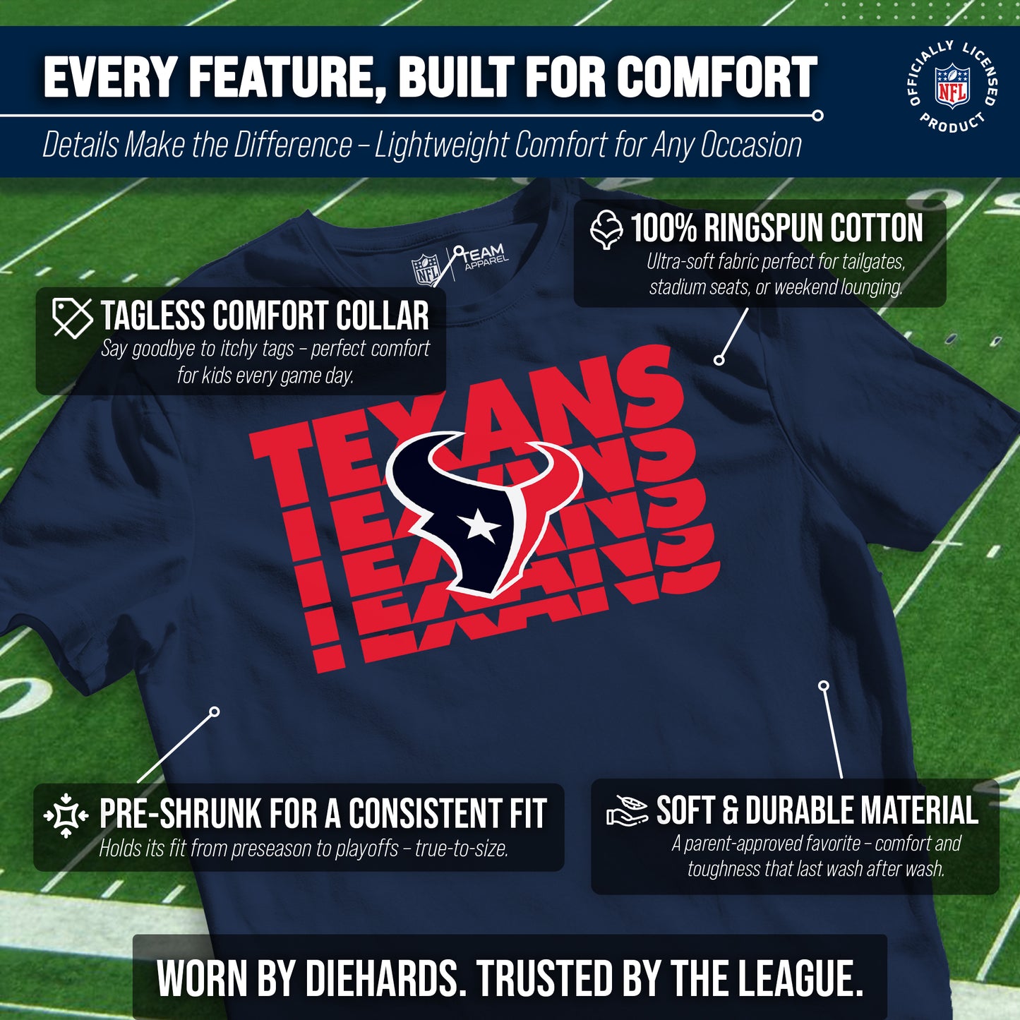Houston Texans NFL Youth Repeating Logo Football T-Shirt Unisex Tag Free Comfortable - Navy