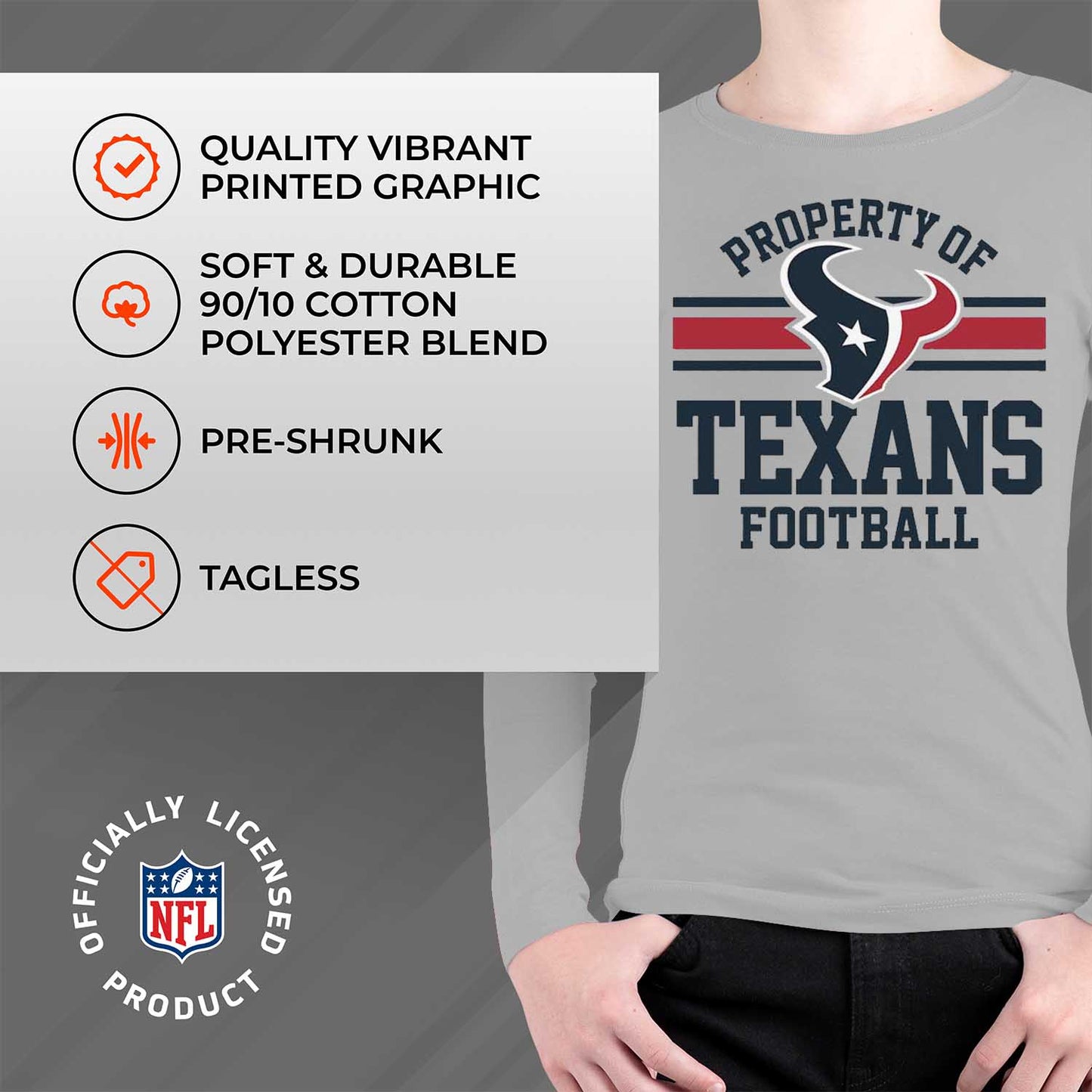 Houston Texans NFL Youth Property Of Long Sleeve Lightweight T Shirt - Sport Gray
