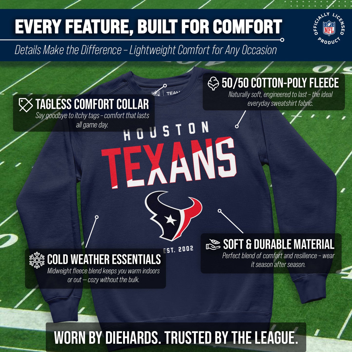 Houston Texans Adult NFL Diagonal Fade Color Block Crewneck Sweatshirt - Navy