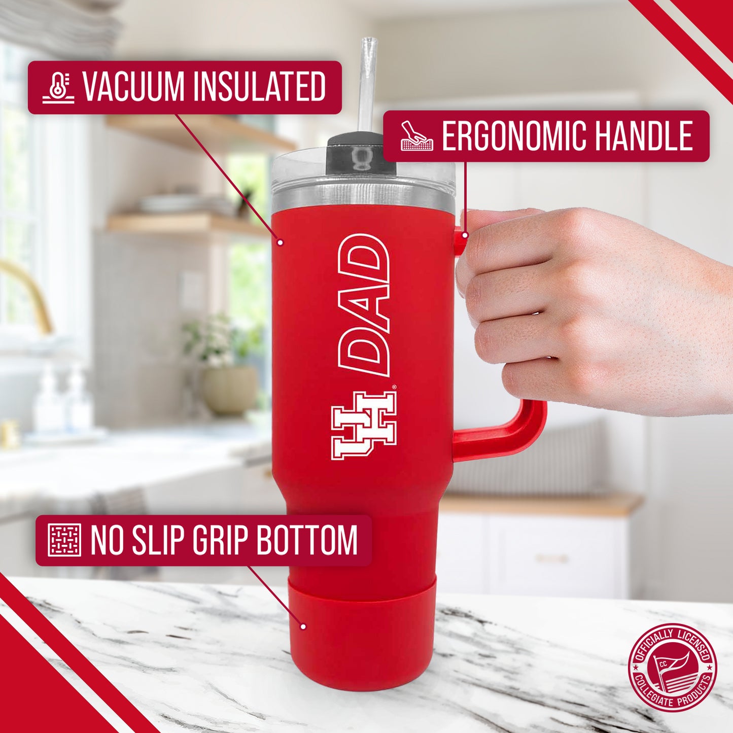Houston Cougars Collegiate 40oz Stainless Steel Travel Tumbler with Handle for Dad - Red