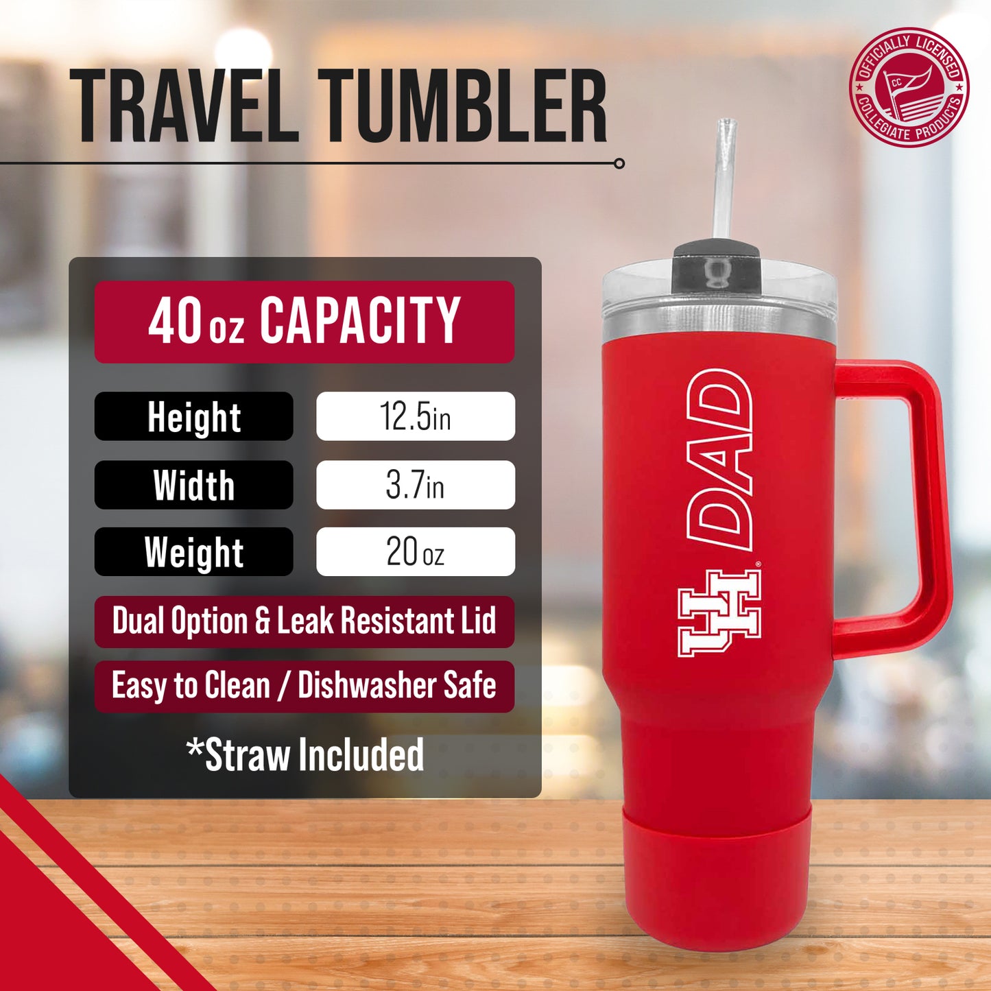 Houston Cougars Collegiate 40oz Stainless Steel Travel Tumbler with Handle for Dad - Red