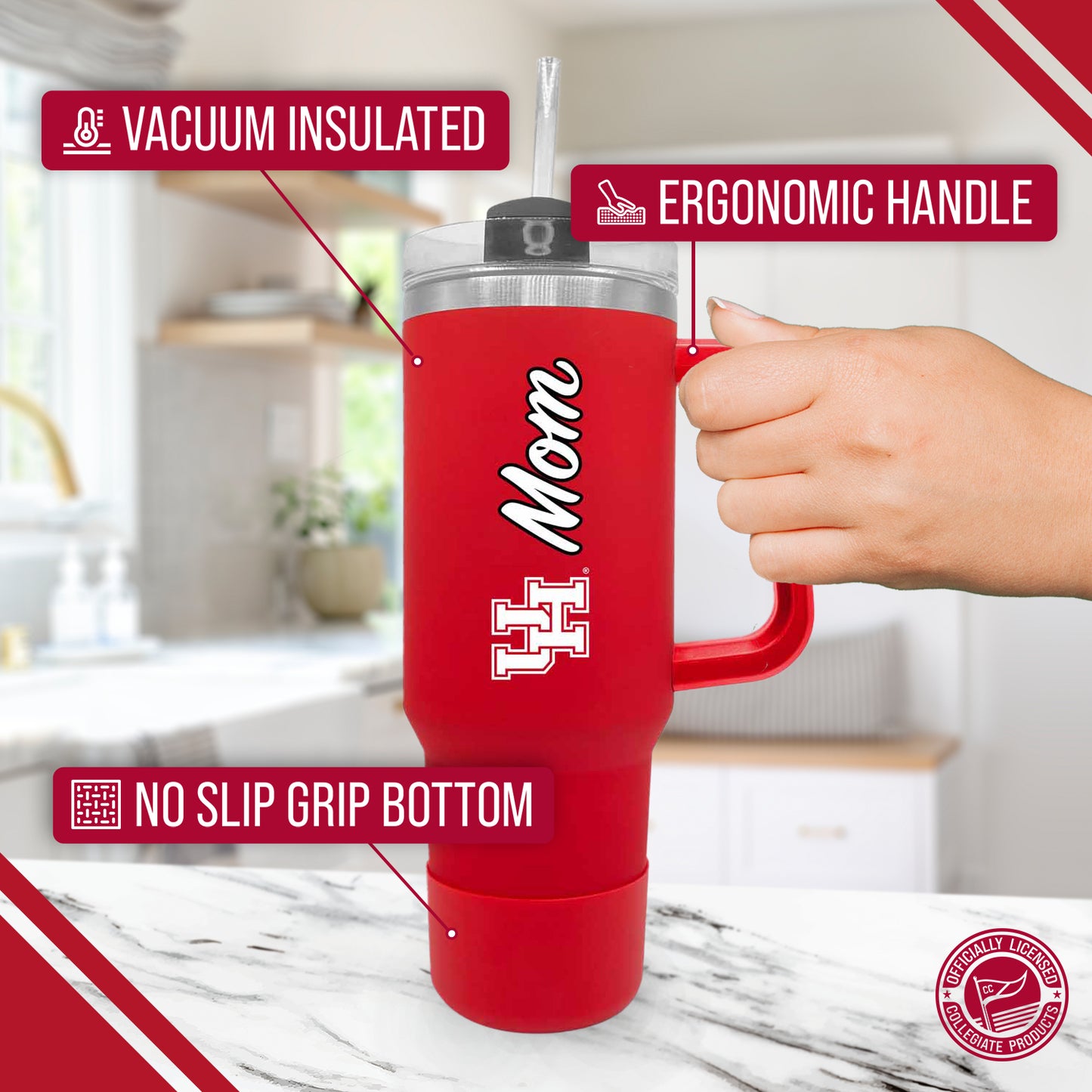 Houston Cougars Collegiate 40oz Stainless Steel Travel Tumbler with Handle for Mom - Red
