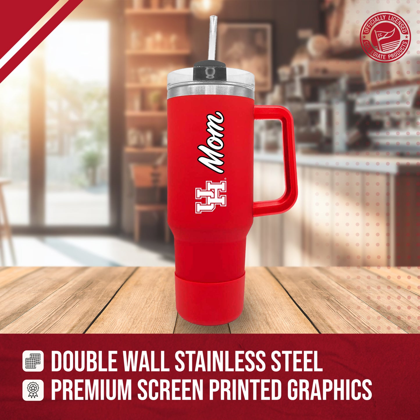 Houston Cougars Collegiate 40oz Stainless Steel Travel Tumbler with Handle for Mom - Red