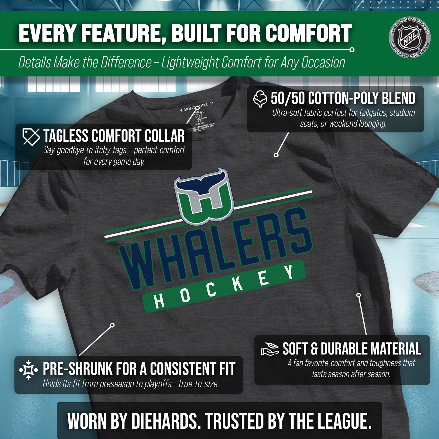 Hartford Whalers Adult NHL Heather Charcoal True Fan Hockey T-Shirt - Charcoal