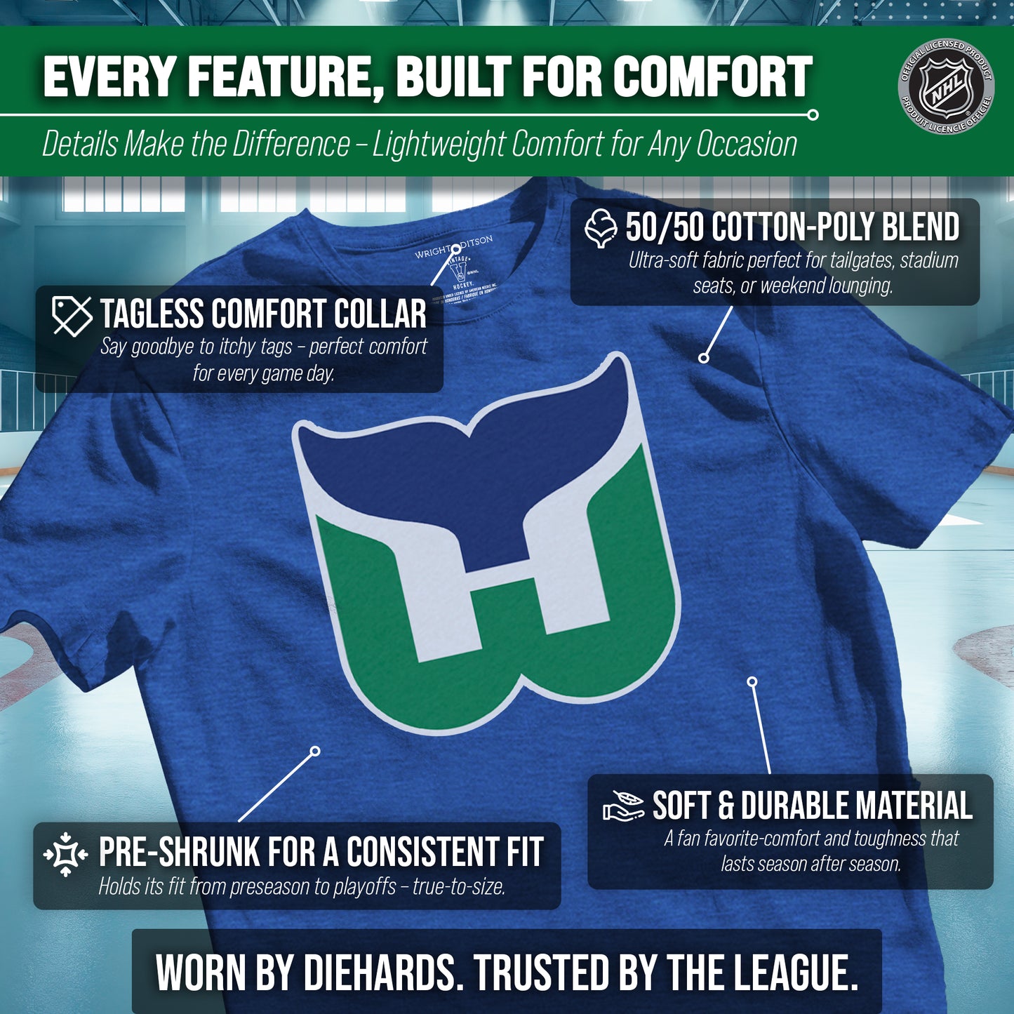Hartford Whalers NHL Adult Retro Logo Tag-Less T-Shirt - Royal Heather