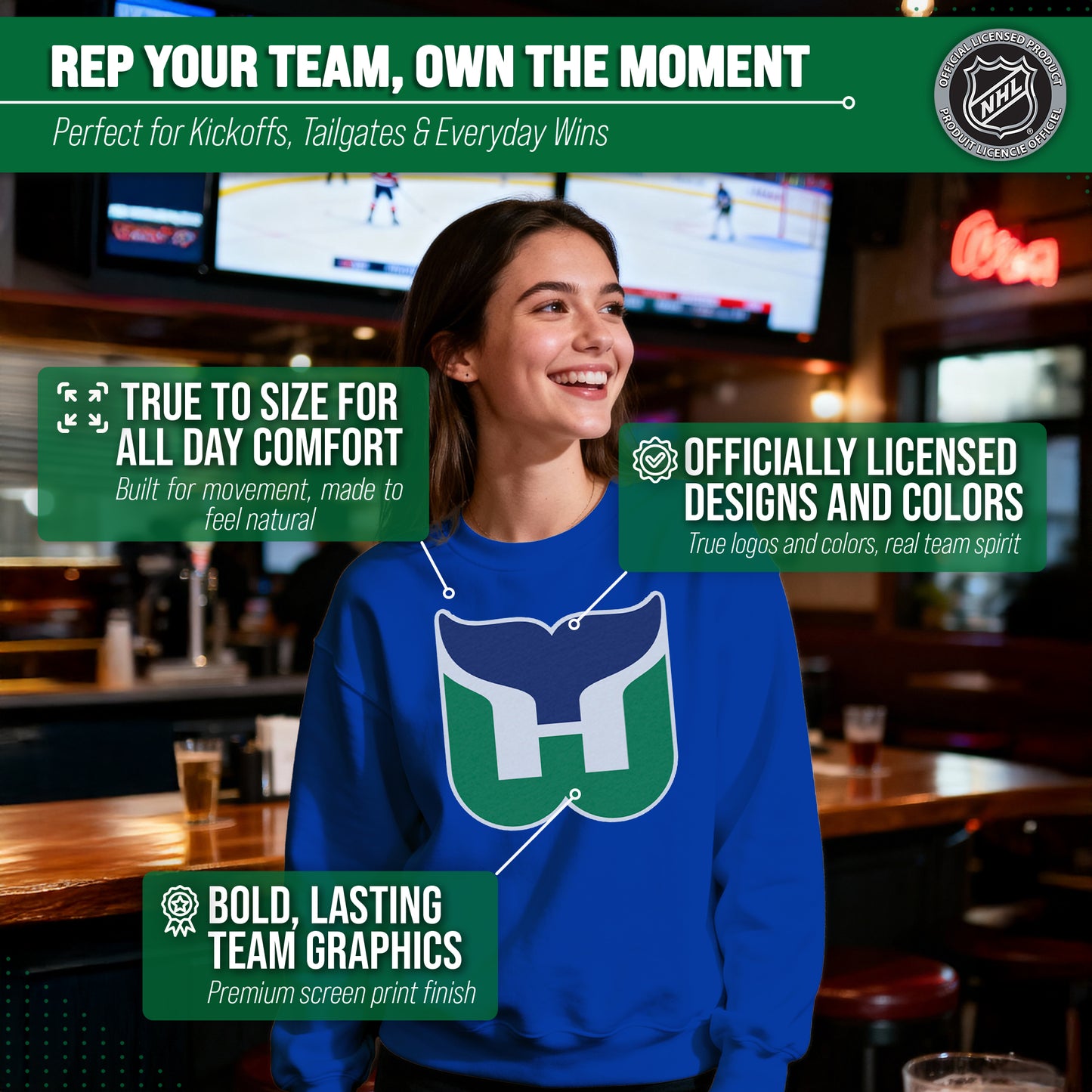 Hartford Whalers Adult NHL Retro Logo Hockey Fleece Crewneck Sweatshirt - Royal Heather