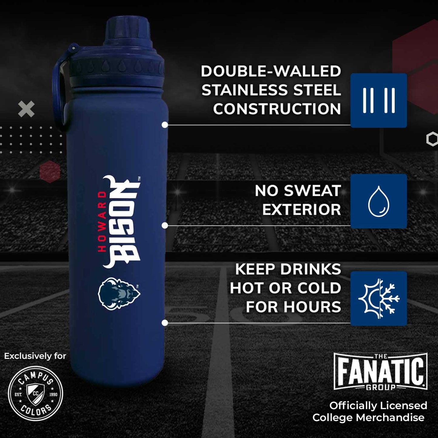 Howard University NCAA Stainless Steel Water Bottle - Navy