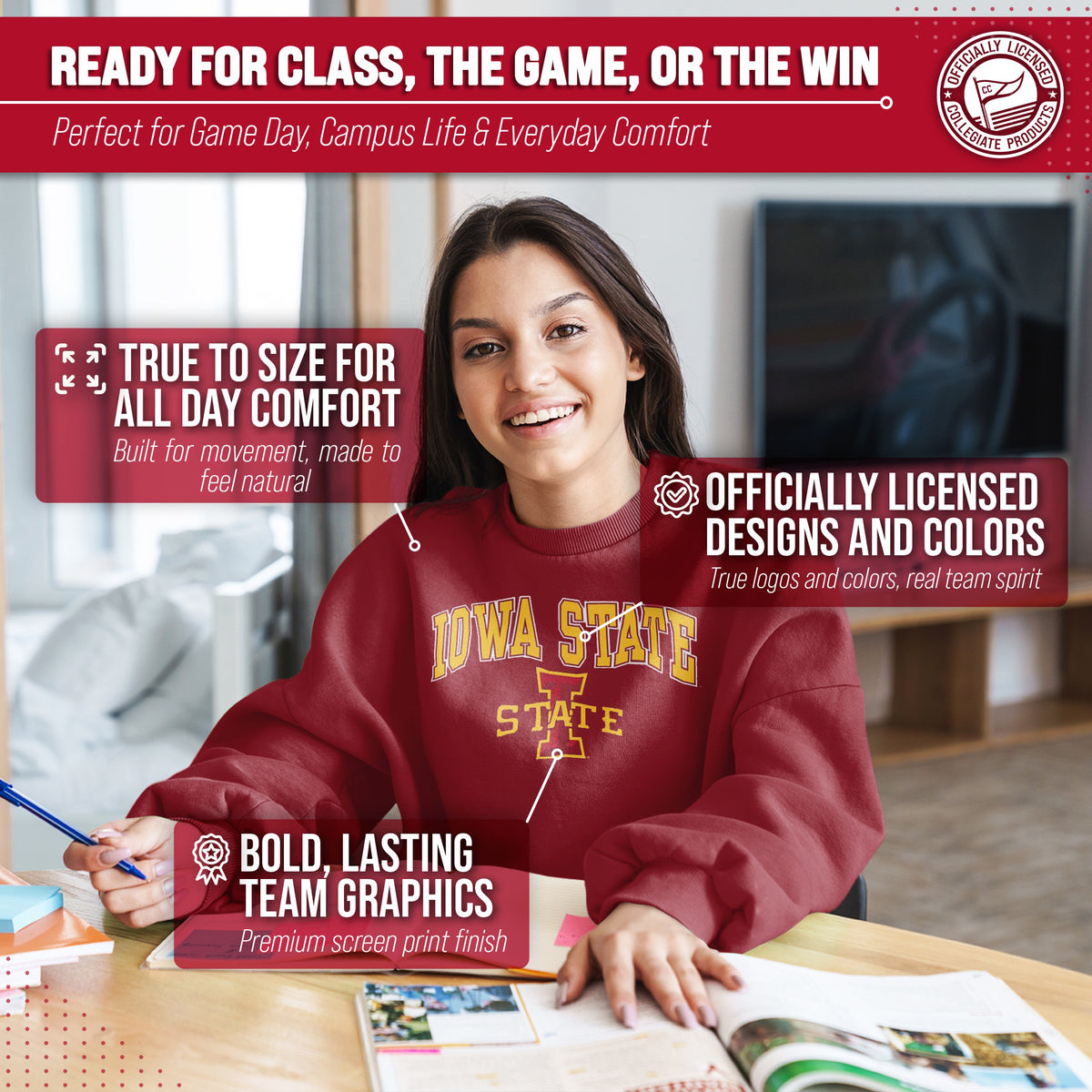 Iowa State Cyclones Campus Colors Adult Arch & Logo Soft Style Gameday Crewneck Sweatshirt  - Cardinal