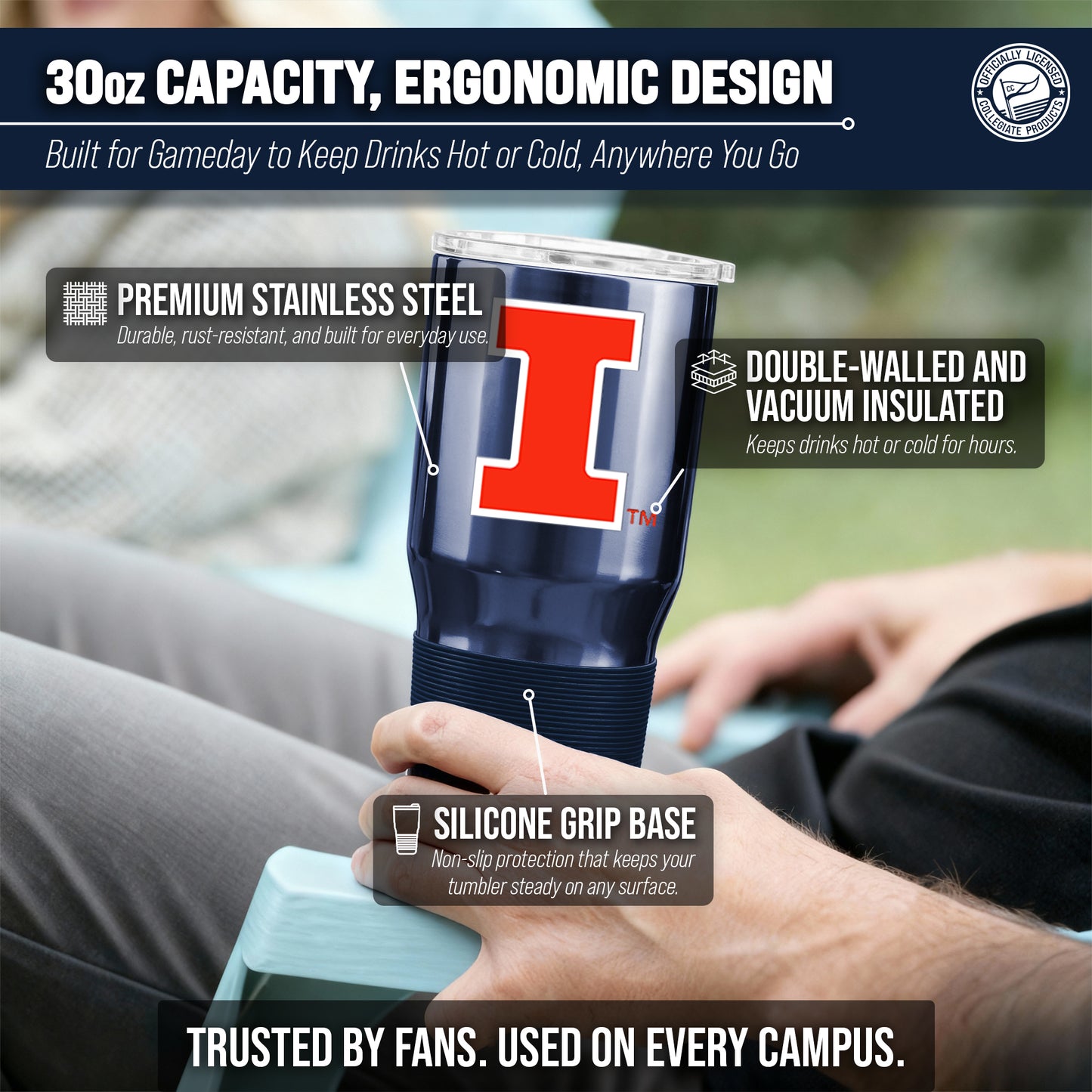 Illinois Fighting Illini NCAA University 30oz Stainless Steel Vacuum Insulated Game Day Tumbler with Silicone Grip - Navy