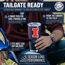 Illinois Fighting Illini NCAA University 30oz Stainless Steel Vacuum Insulated Game Day Tumbler with Silicone Grip - Navy