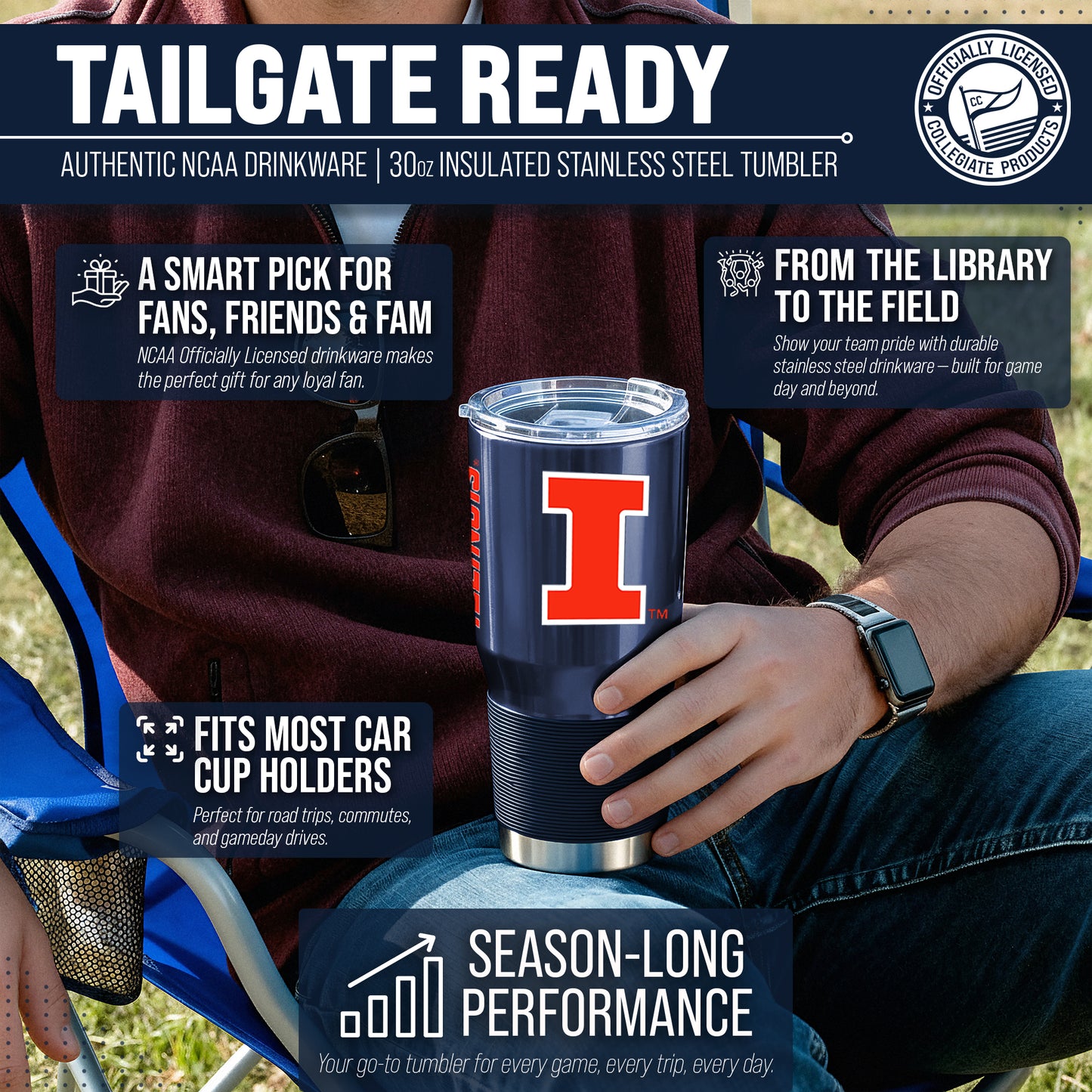 Illinois Fighting Illini NCAA University 30oz Stainless Steel Vacuum Insulated Game Day Tumbler with Silicone Grip - Navy