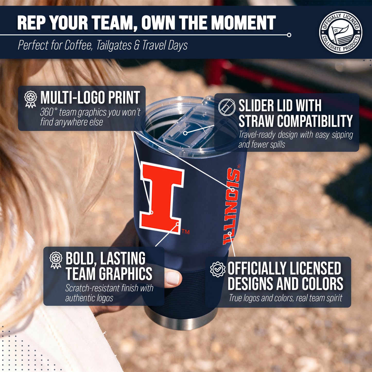 Illinois Fighting Illini NCAA University 30oz Stainless Steel Vacuum Insulated Game Day Tumbler with Silicone Grip - Navy