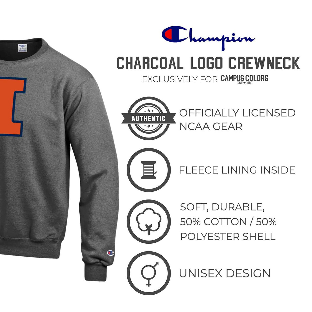 Illinois Fighting Illini Adult Mascot Fleece Crewneck - Charcoal