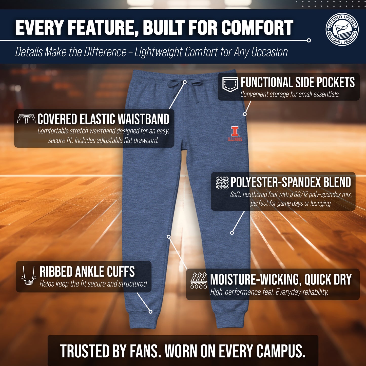 Illinois Fighting Illini NCAA Men’s University Cloud Jersey Performance Jogger Pants with Drawstring Waistband - Navy Heather