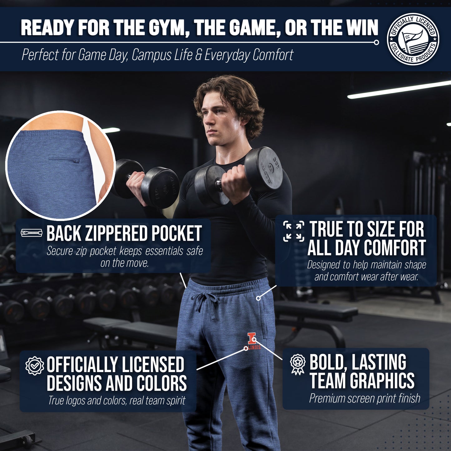 Illinois Fighting Illini NCAA Men’s University Cloud Jersey Performance Jogger Pants with Drawstring Waistband - Navy Heather
