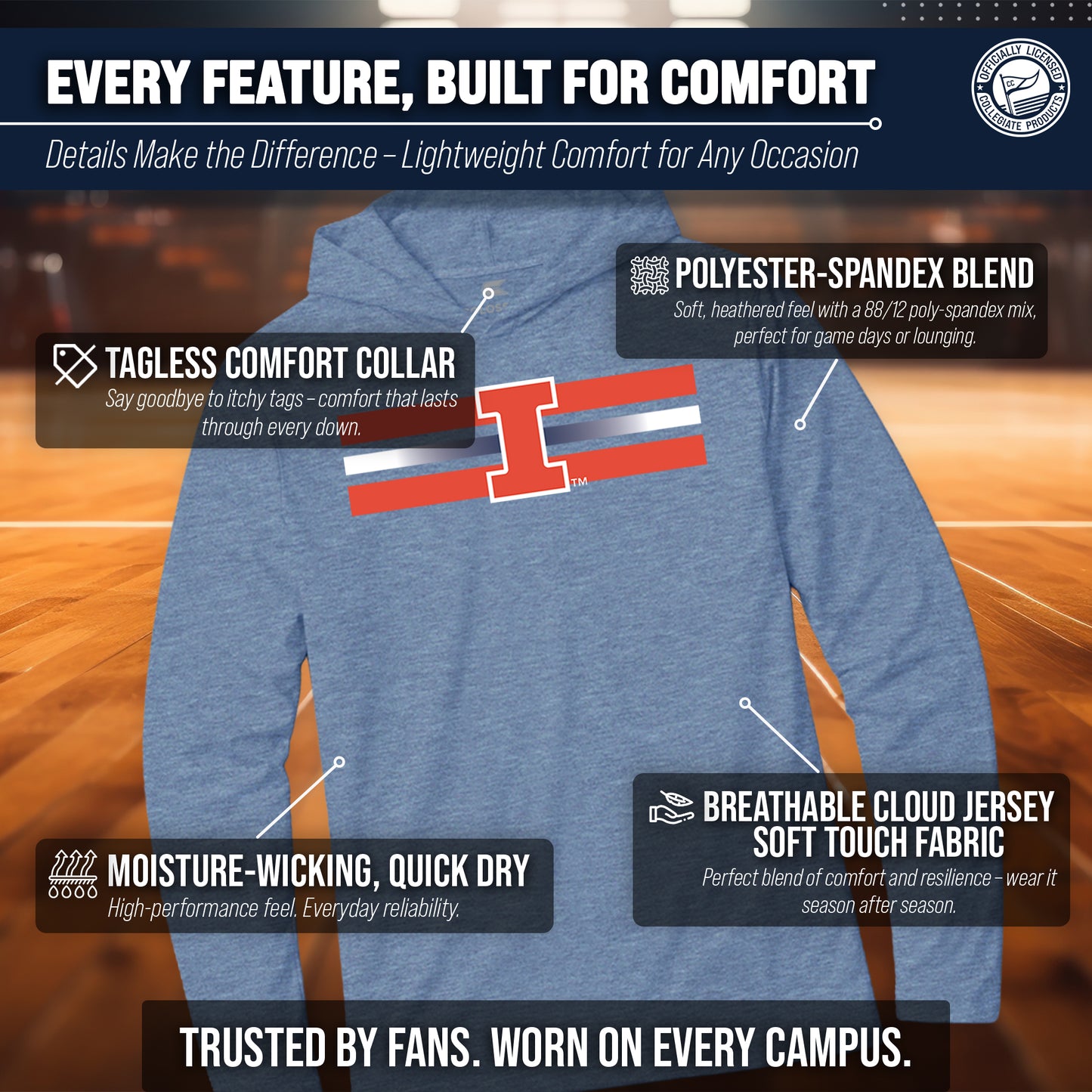 Illinois Fighting Illini NCAA Unisex Scholarship Cloud Jersey Performance Hooded Long Sleeve Tee - Navy Heather