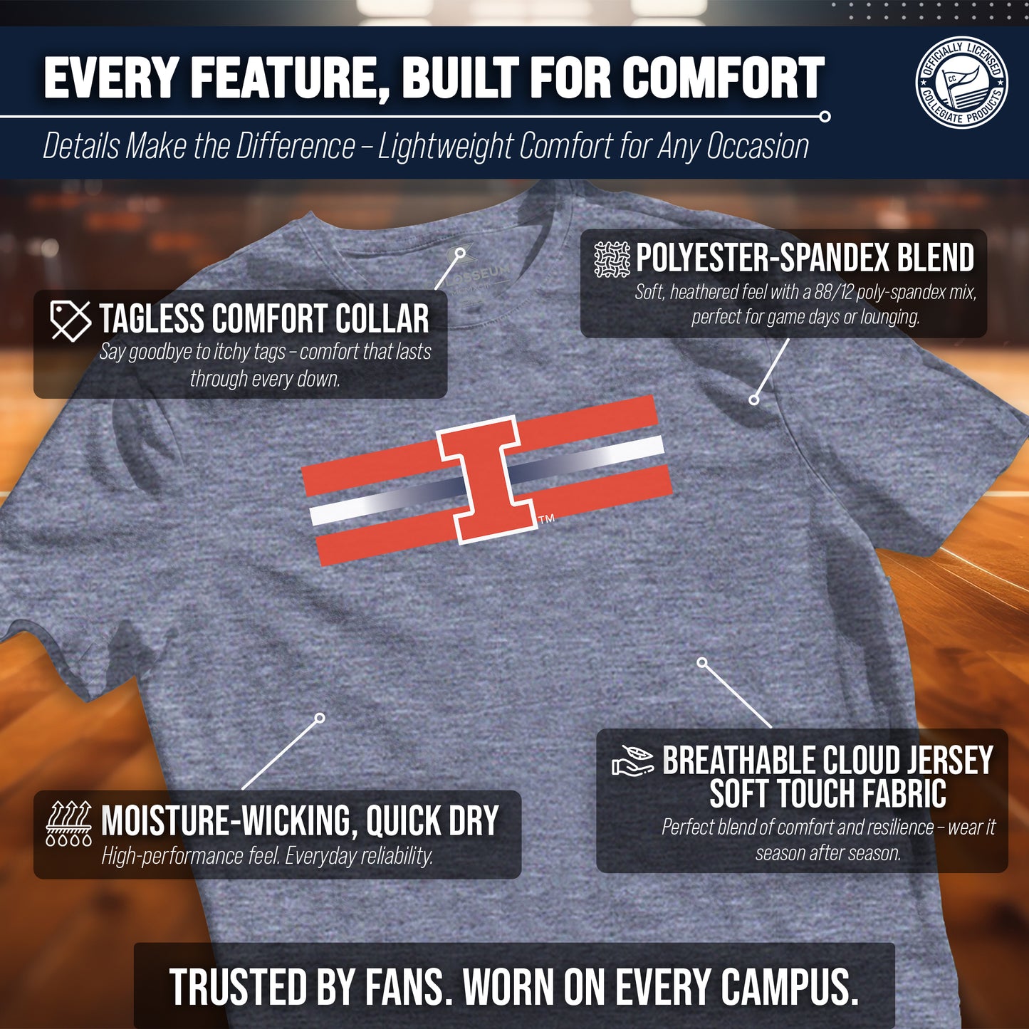 Illinois Fighting Illini Unisex NCAA Scholarship Cloud Jersey Athletic Short Sleeve Performance Tee - Navy Heather