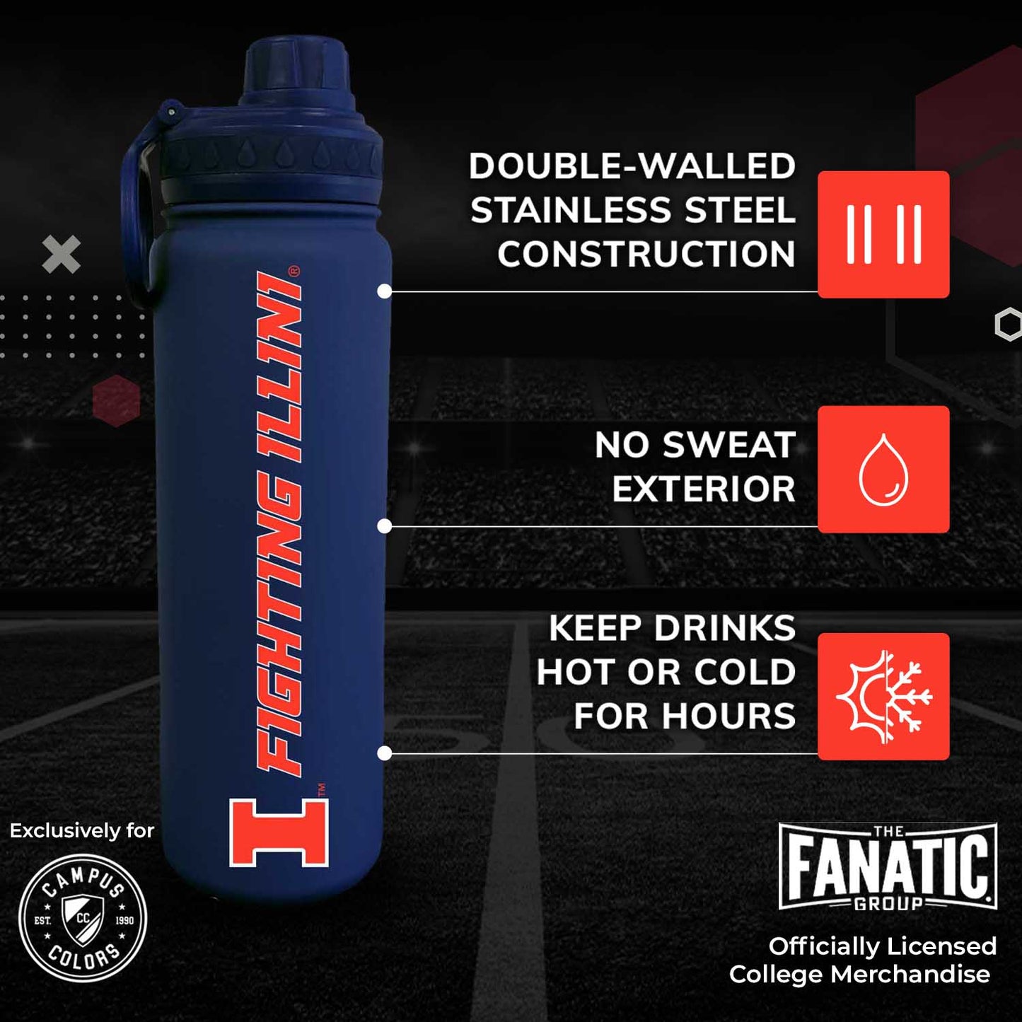 Illinois Fighting Illini NCAA Stainless Steel Water Bottle - Navy
