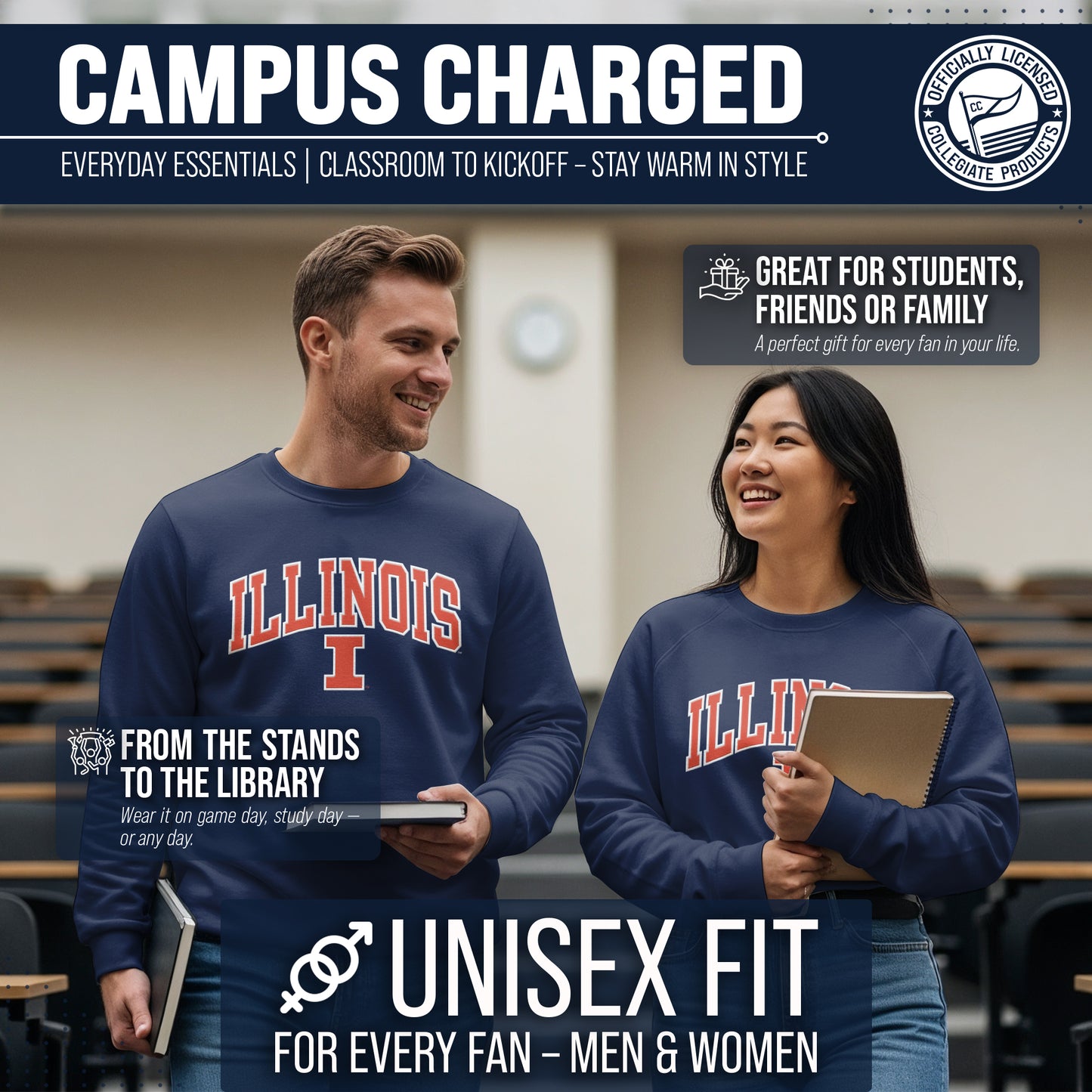 Illinois Fighting Illini NCAA Adult Tackle Twill Crewneck Sweatshirt - Navy