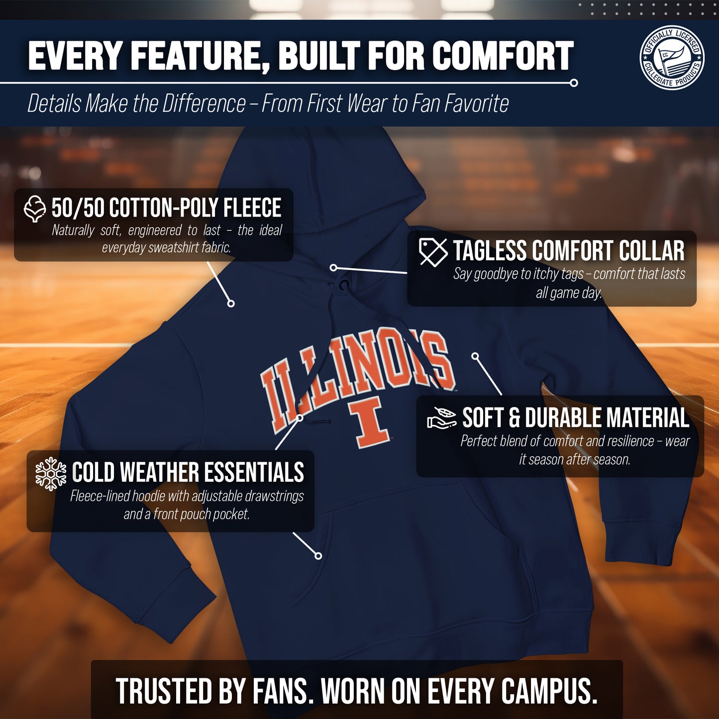 Illinois Fighting Illini NCAA Adult Tackle Twill Hooded Sweatshirt - Navy
