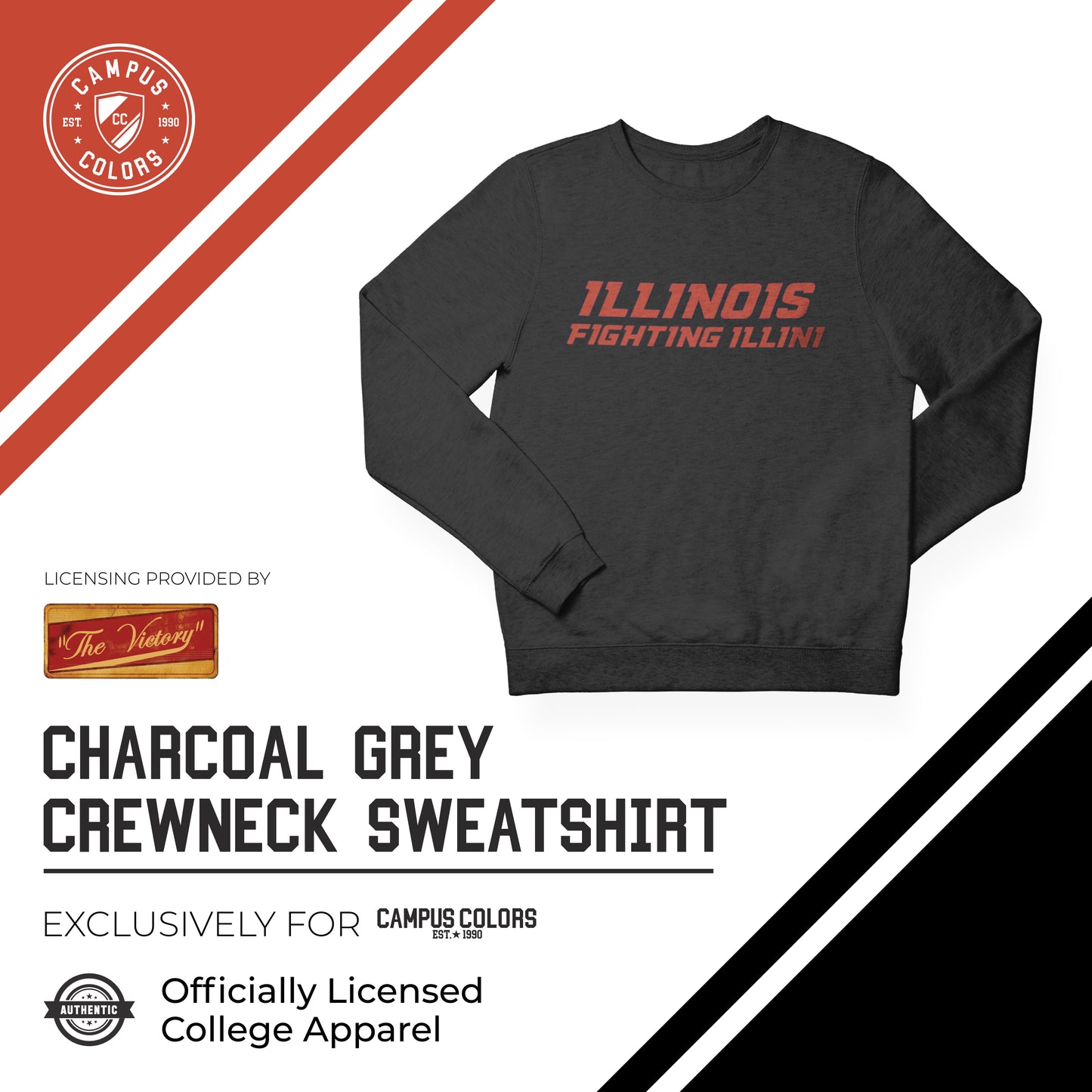 Illinois Fighting Illini NCAA Adult Charcoal Crewneck Fleece Sweatshirt - Charcoal