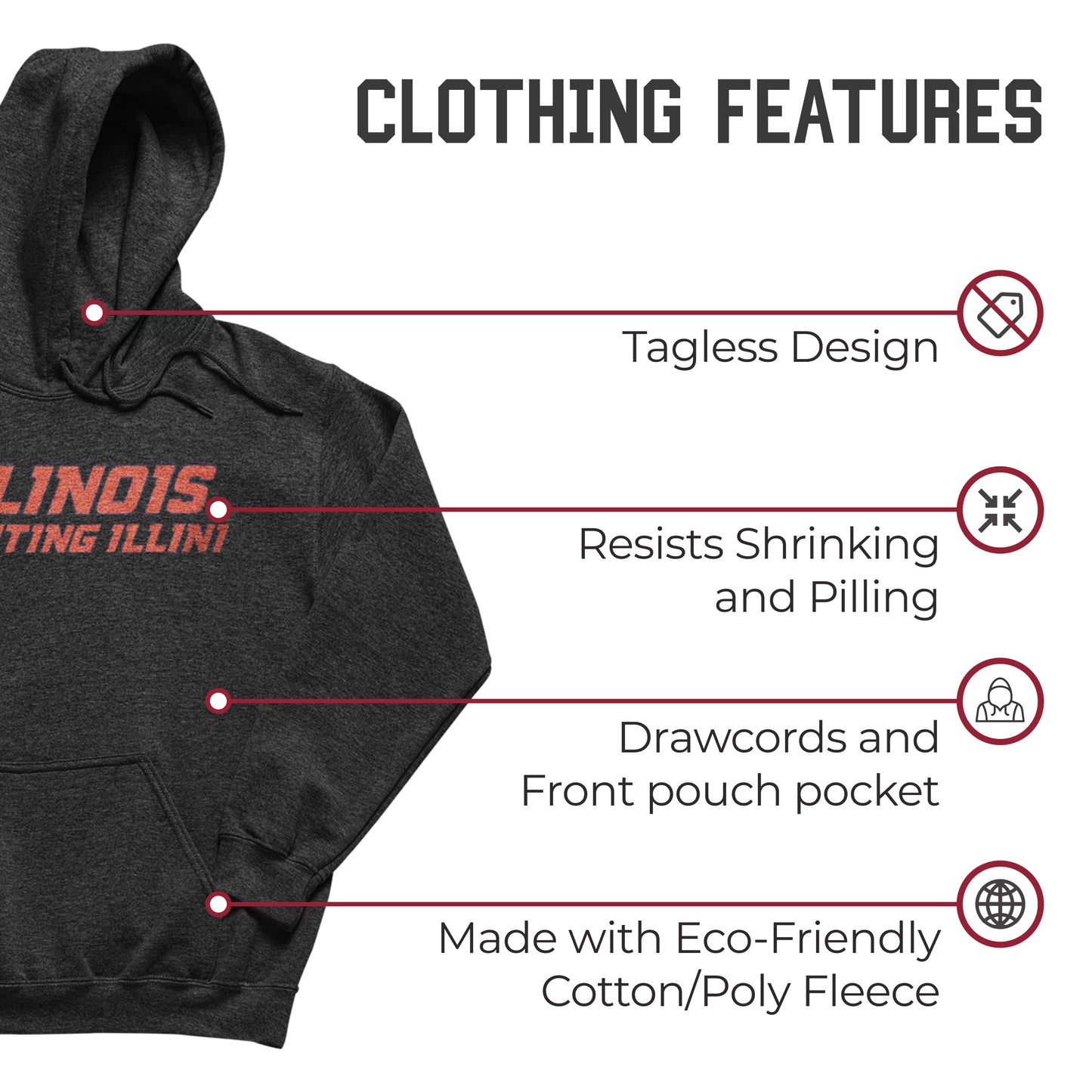 Illinois Fighting Illini NCAA Adult Cotton Blend Charcoal Hooded Sweatshirt - Charcoal