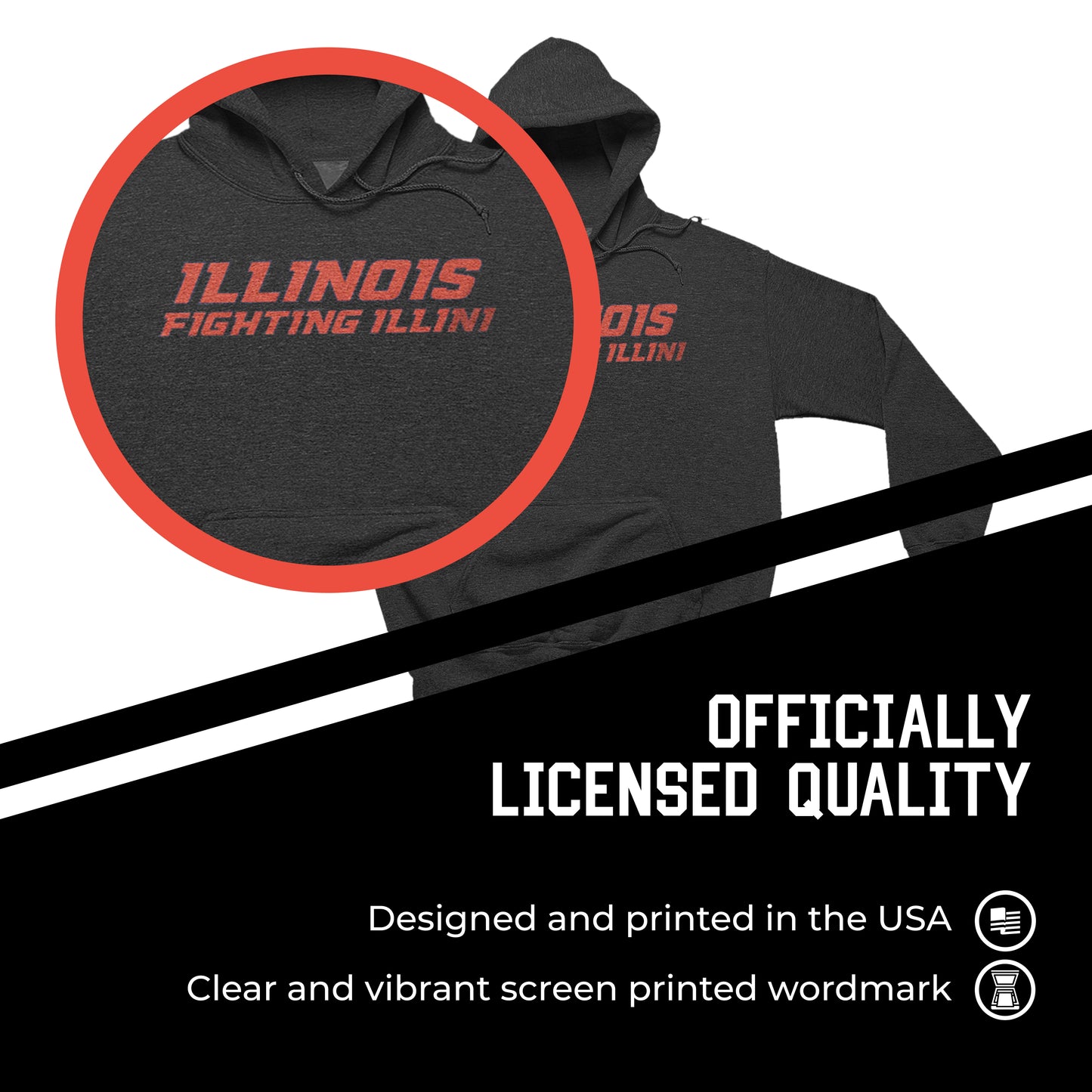 Illinois Fighting Illini NCAA Adult Cotton Blend Charcoal Hooded Sweatshirt - Charcoal
