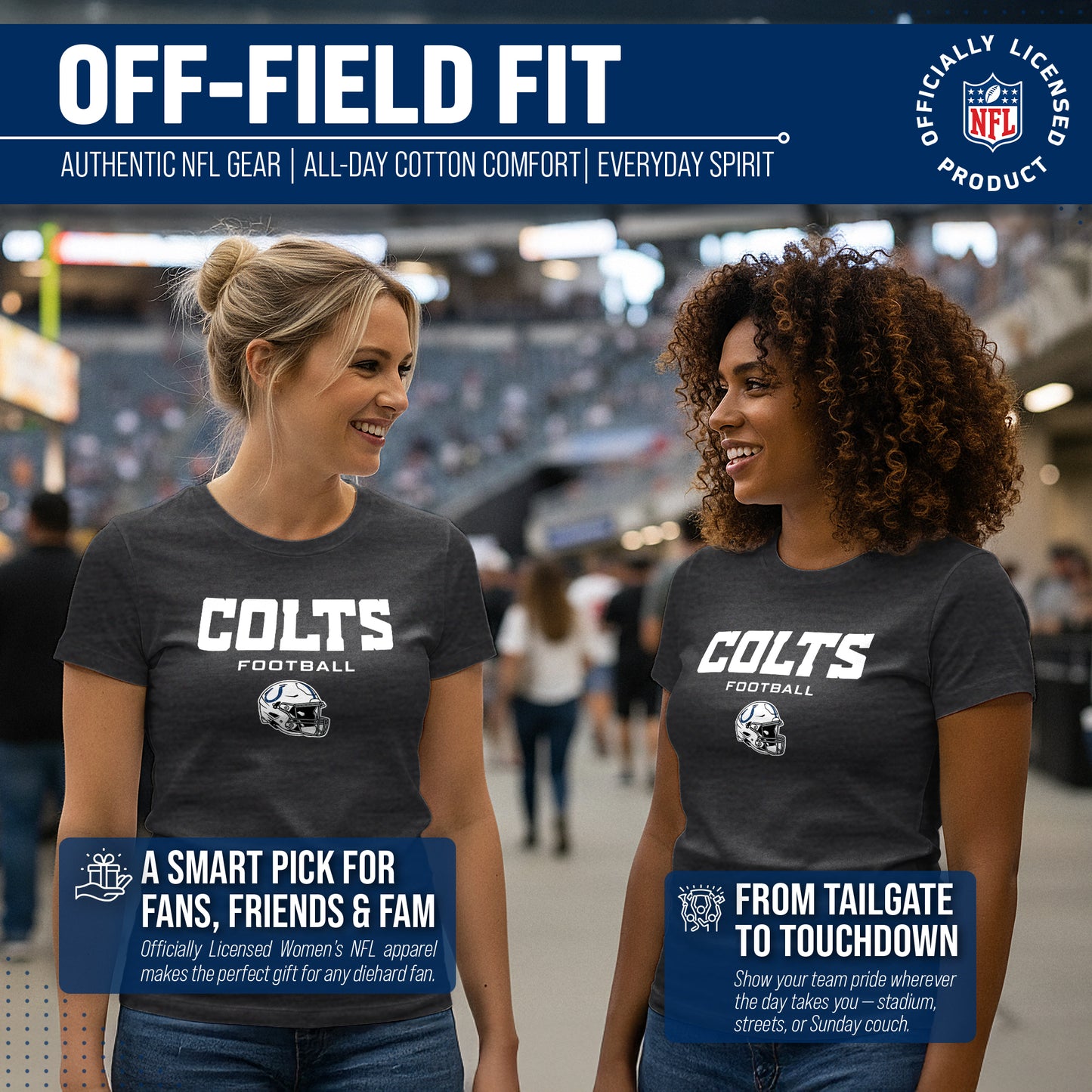 Indianapolis Colts Women's NFL Football Helmet Short Sleeve Tagless T-Shirt - Charcoal