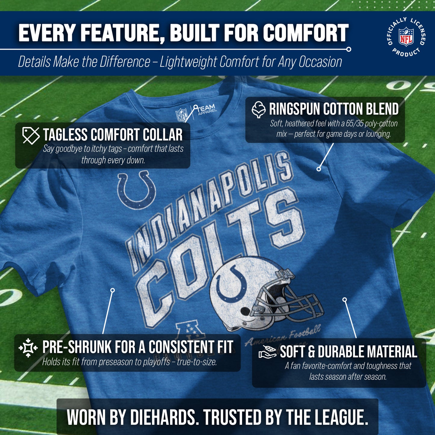 Indianapolis Colts NFL Adult Distressed Helmet Tag-Less T-Shirt - Royal Heather