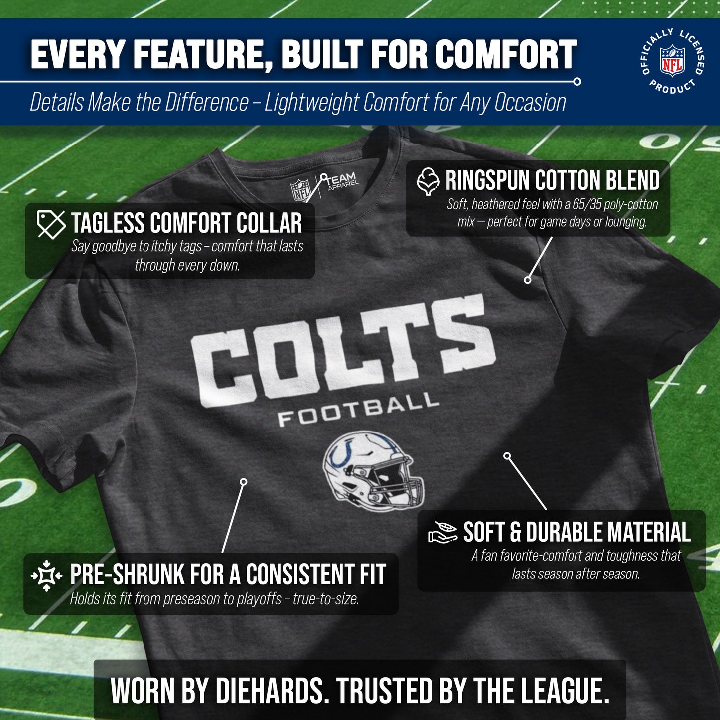 Indianapolis Colts NFL Adult Football Helmet Tagless T-Shirt - Charcoal