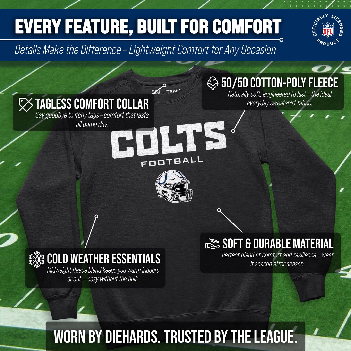 Indianapolis Colts Adult NFL Football Helmet Heather Crewneck Sweatshirt - Charcoal