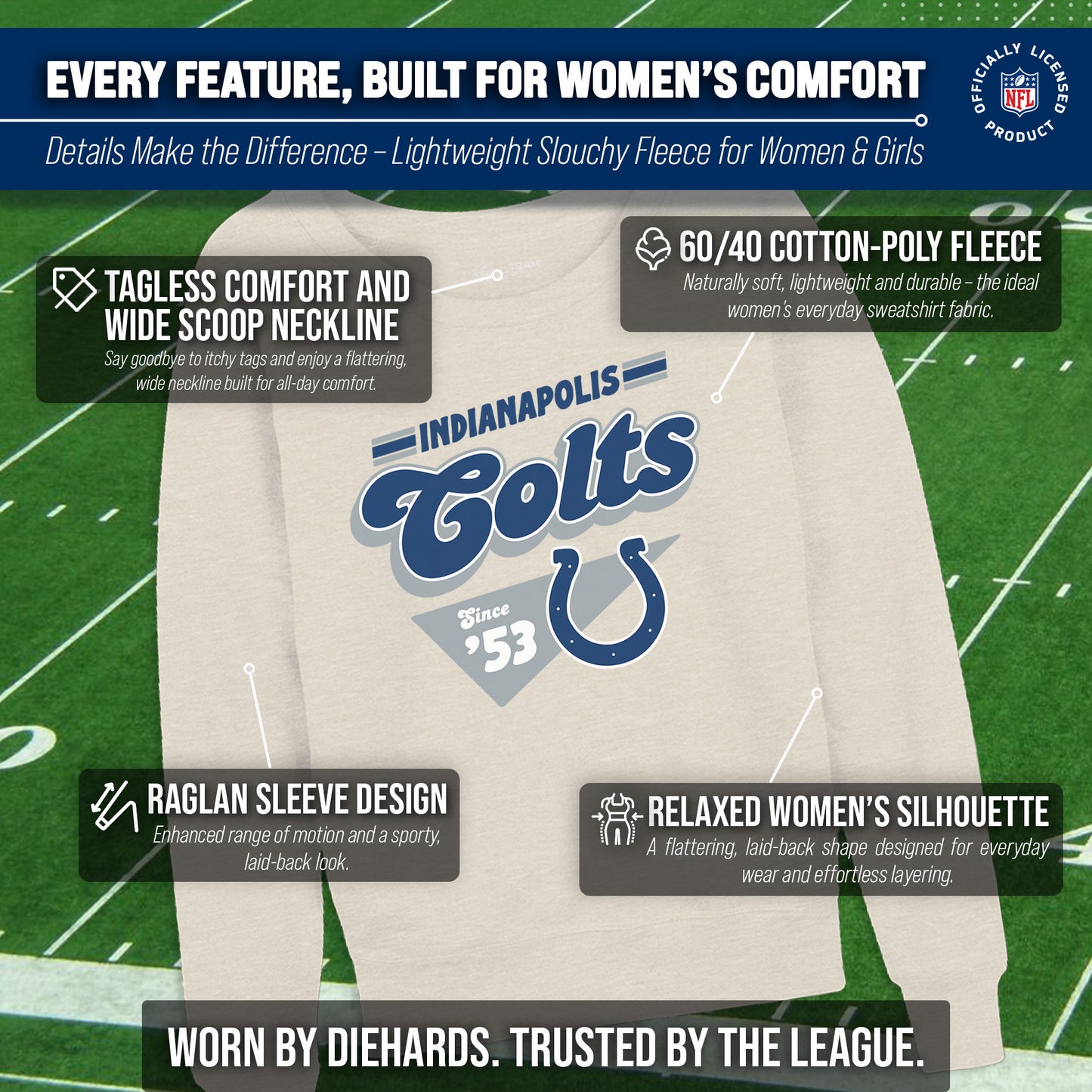 Indianapolis Colts NFL Womens Vintage Charm French Terry Slouchy Top - Birch