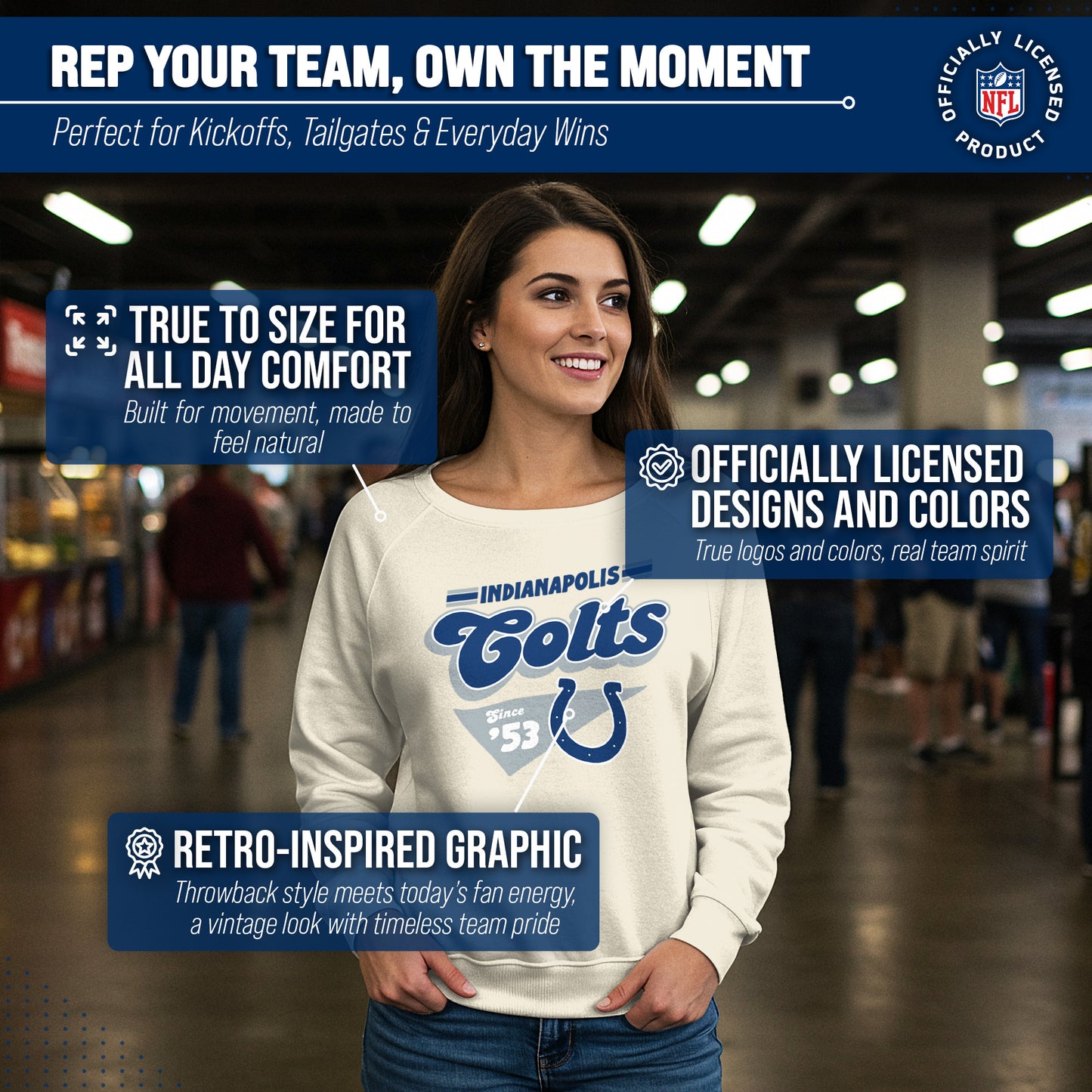 Indianapolis Colts NFL Womens Vintage Charm French Terry Slouchy Top - Birch