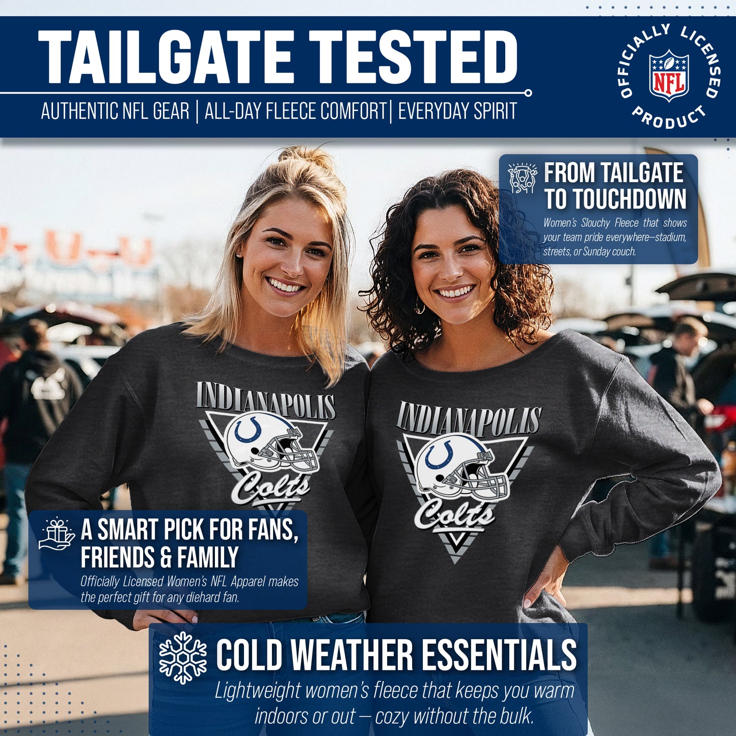 Indianapolis Colts NFL Womens Retro Triangle French Terry Slouchy Top- Raglan Sleeves - Heather Charcoal