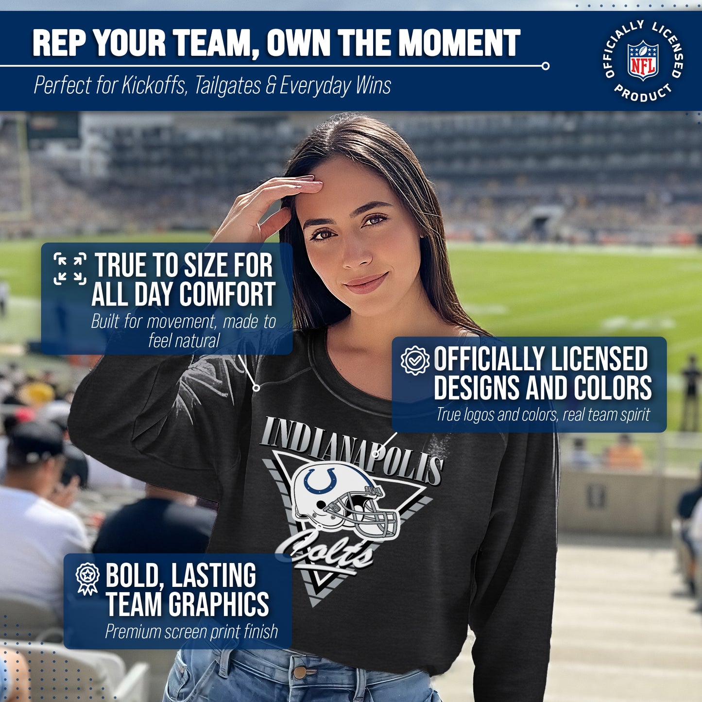 Indianapolis Colts NFL Womens Retro Triangle French Terry Slouchy Top- Raglan Sleeves - Heather Charcoal