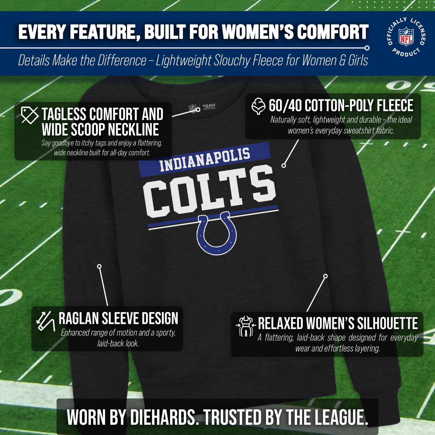 Indianapolis Colts NFL Womens Team Block French Terry Slouchy Top - Charcoal