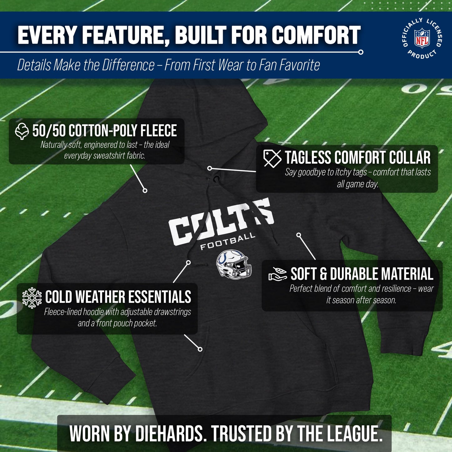 Indianapolis Colts Adult NFL Football Helmet Heather Hooded Sweatshirt  - Charcoal