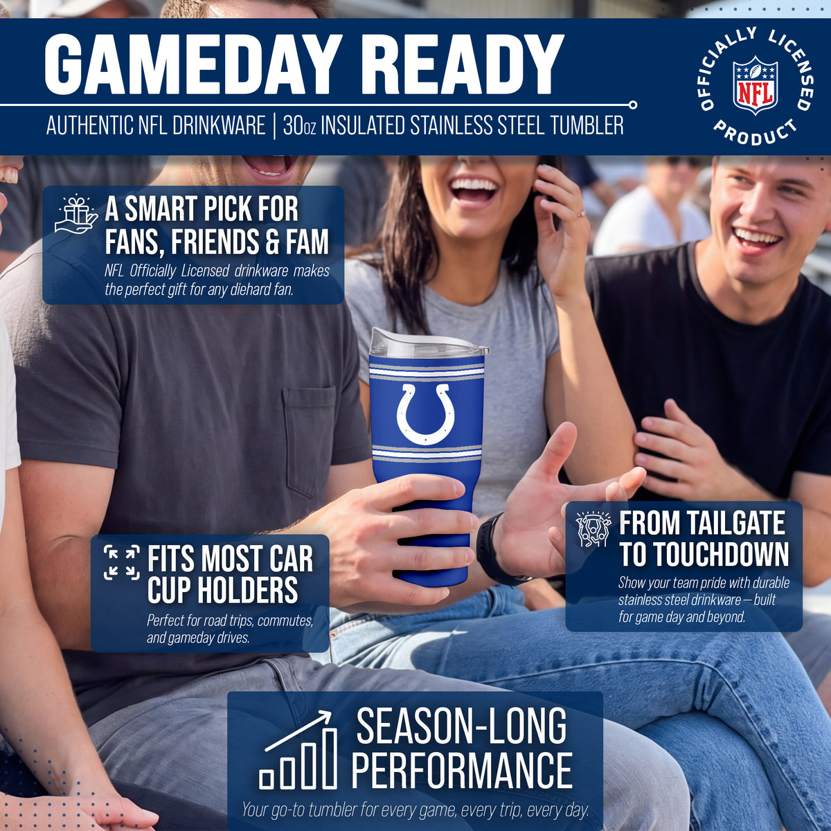 Indianapolis Colts  30 oz Stripe Powder Coat Tumbler | NFL Stainless - Royal