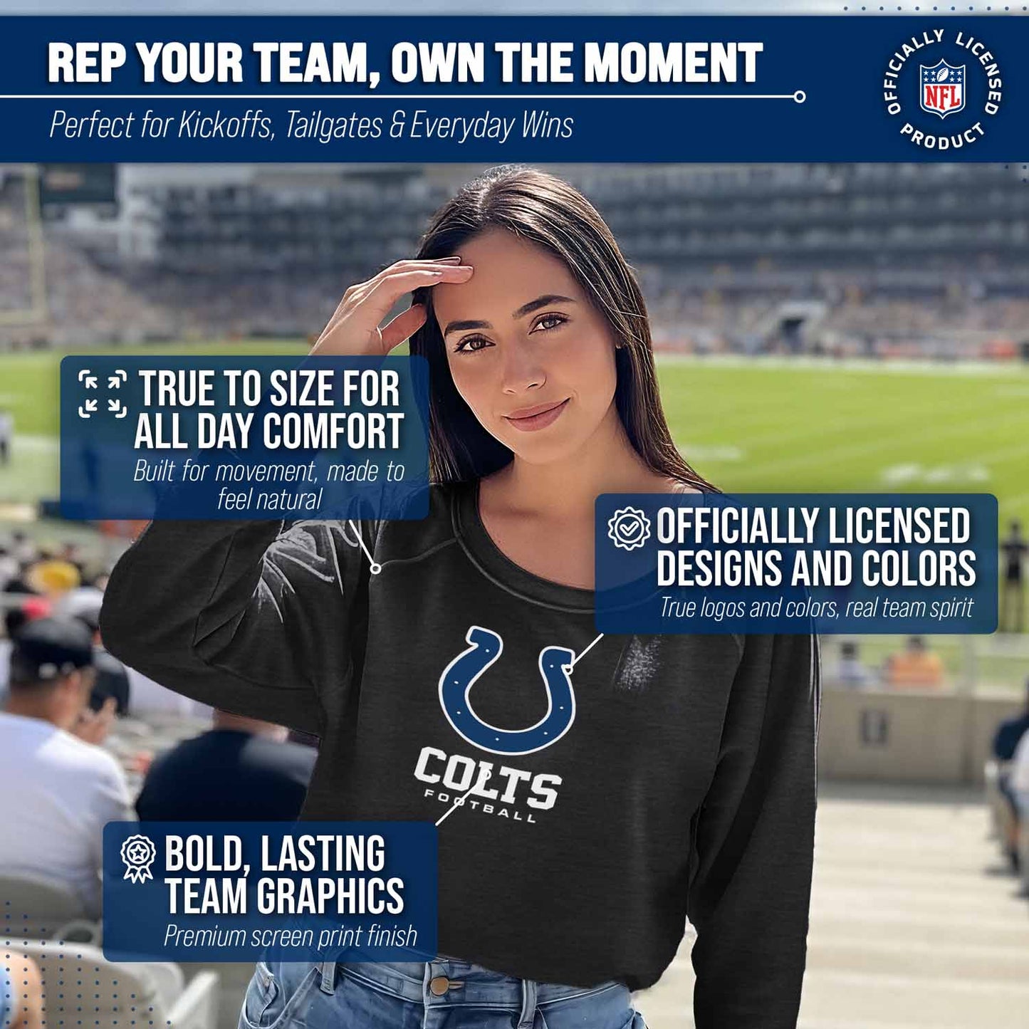 Indianapolis Colts NFL Womens Ultimate Fan French Terry Slouchy Top- Raglan Sleeves - Charcoal