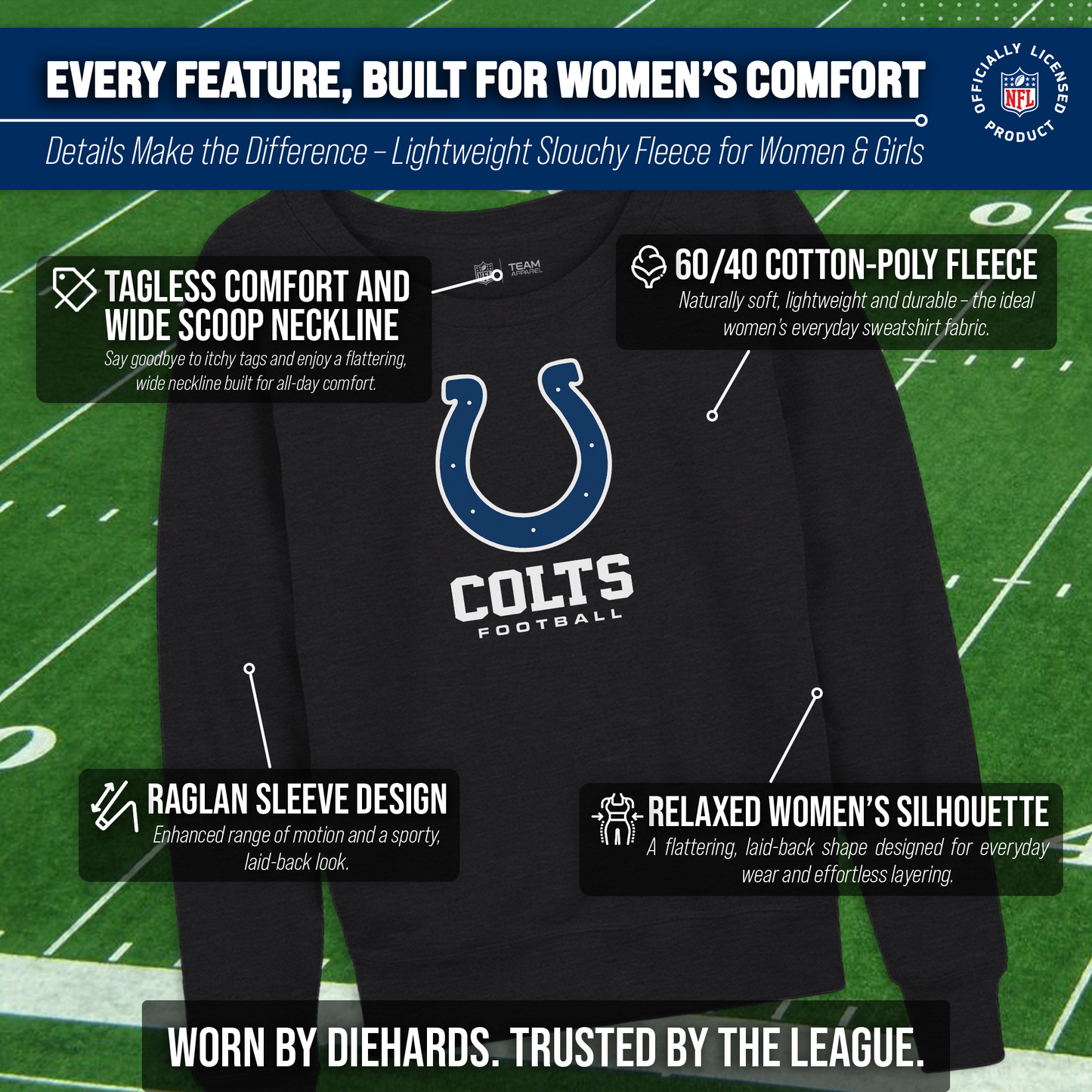 Indianapolis Colts NFL Womens Ultimate Fan French Terry Slouchy Top- Raglan Sleeves - Charcoal