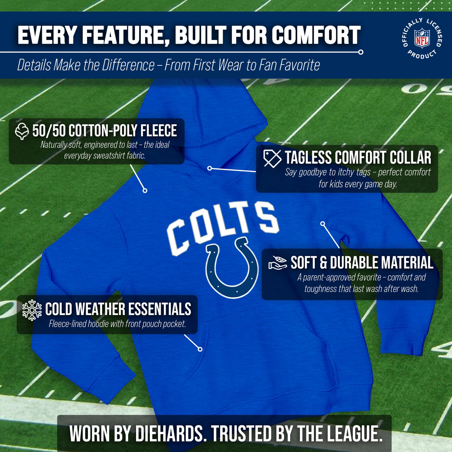Indianapolis Colts NFL Youth Home Team Hoodie- Kids Hooded Sweatshirt - Royal