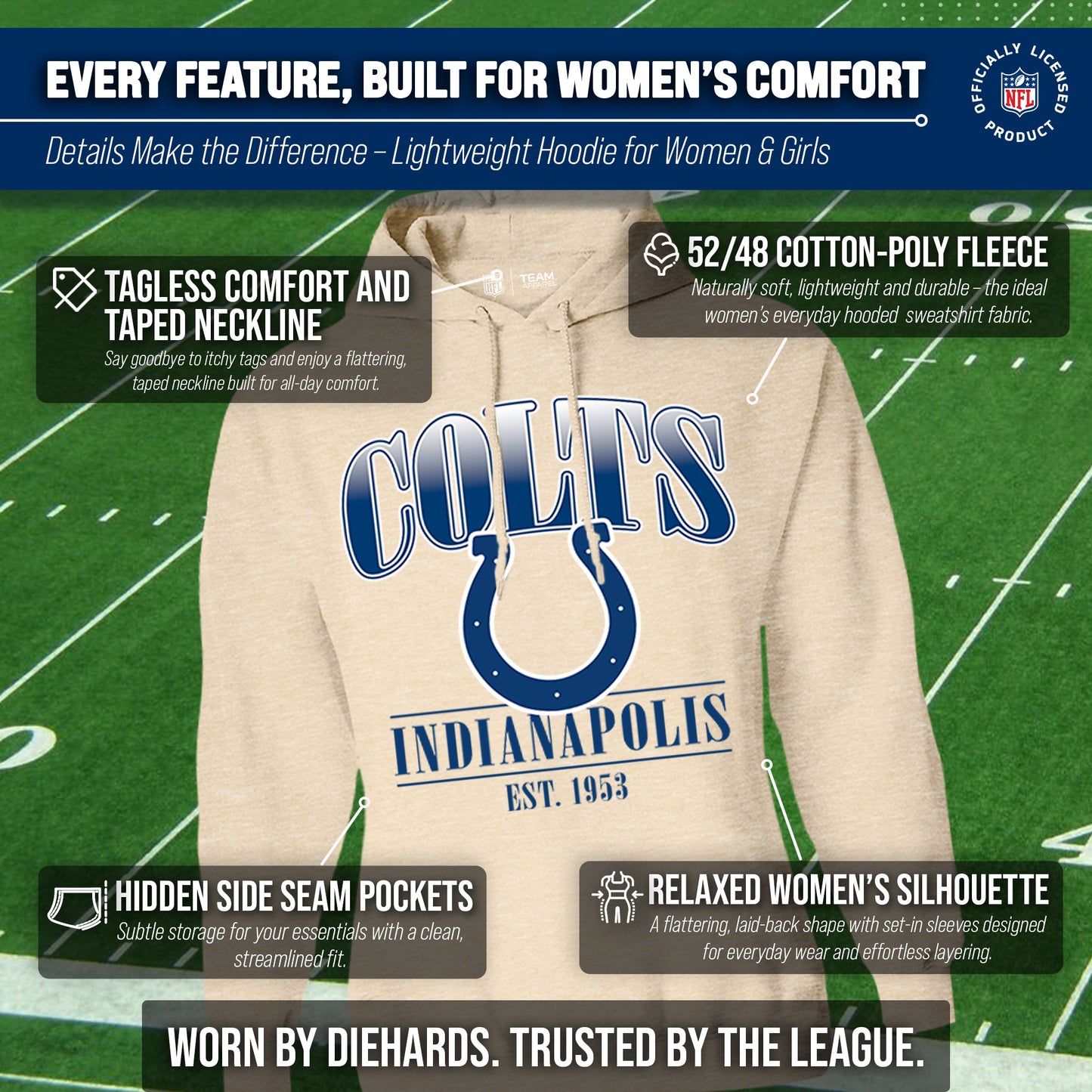 Indianapolis Colts Team Fan Apparel NFL Women's  Starstruck Fleece Pullover Hoodie - Cream
