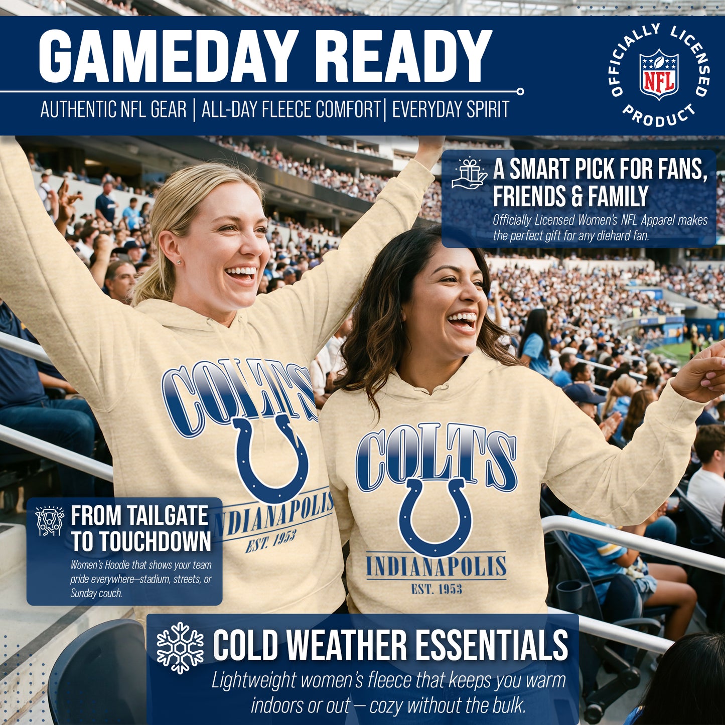 Indianapolis Colts Team Fan Apparel NFL Women's  Starstruck Fleece Pullover Hoodie - Cream