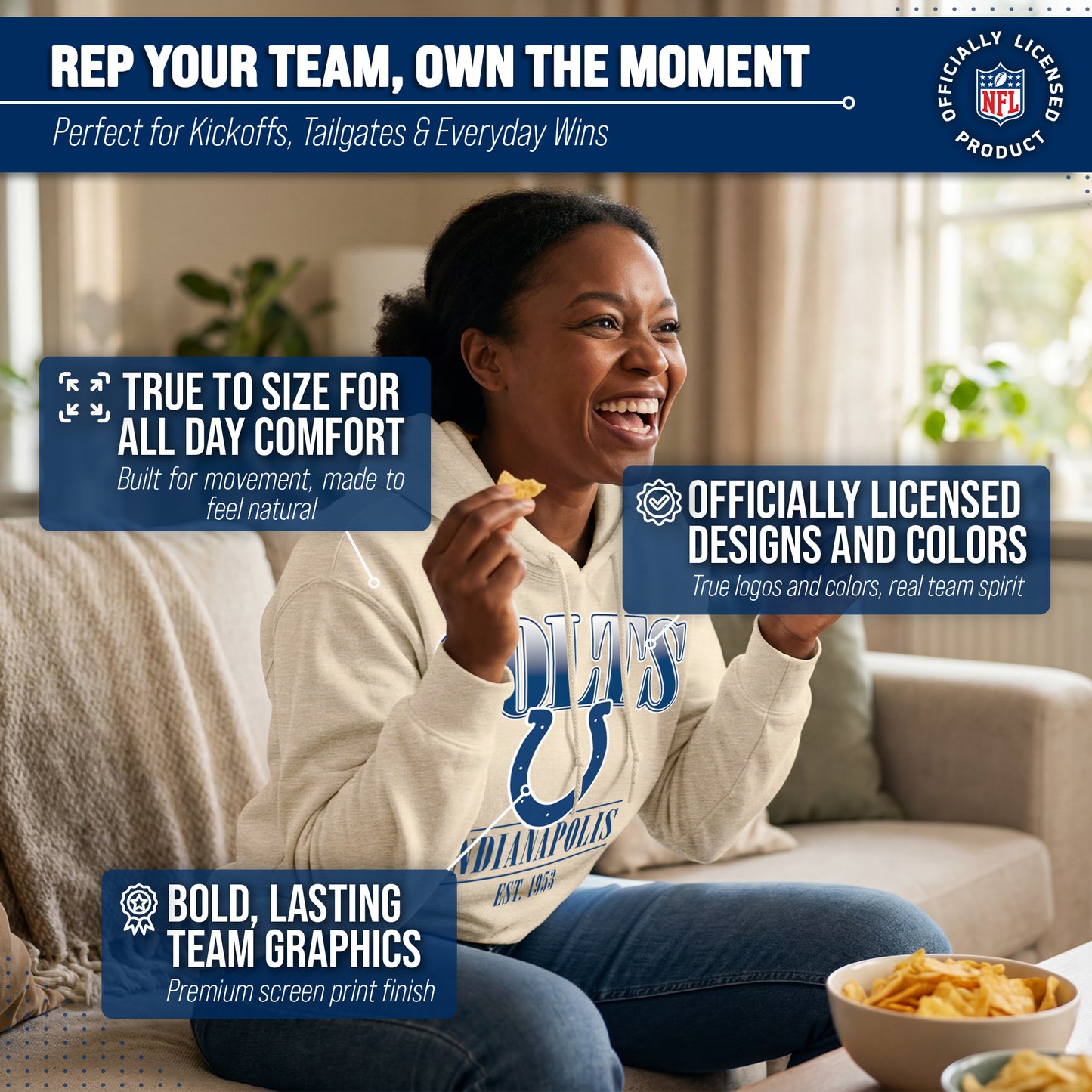Indianapolis Colts Team Fan Apparel NFL Women's  Starstruck Fleece Pullover Hoodie - Cream